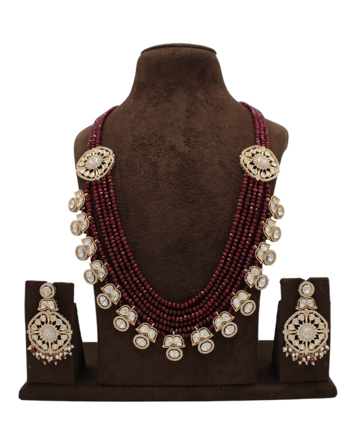Elegant Multi-Layered Maroon Beaded Necklace Set with Intricate Gold Accents