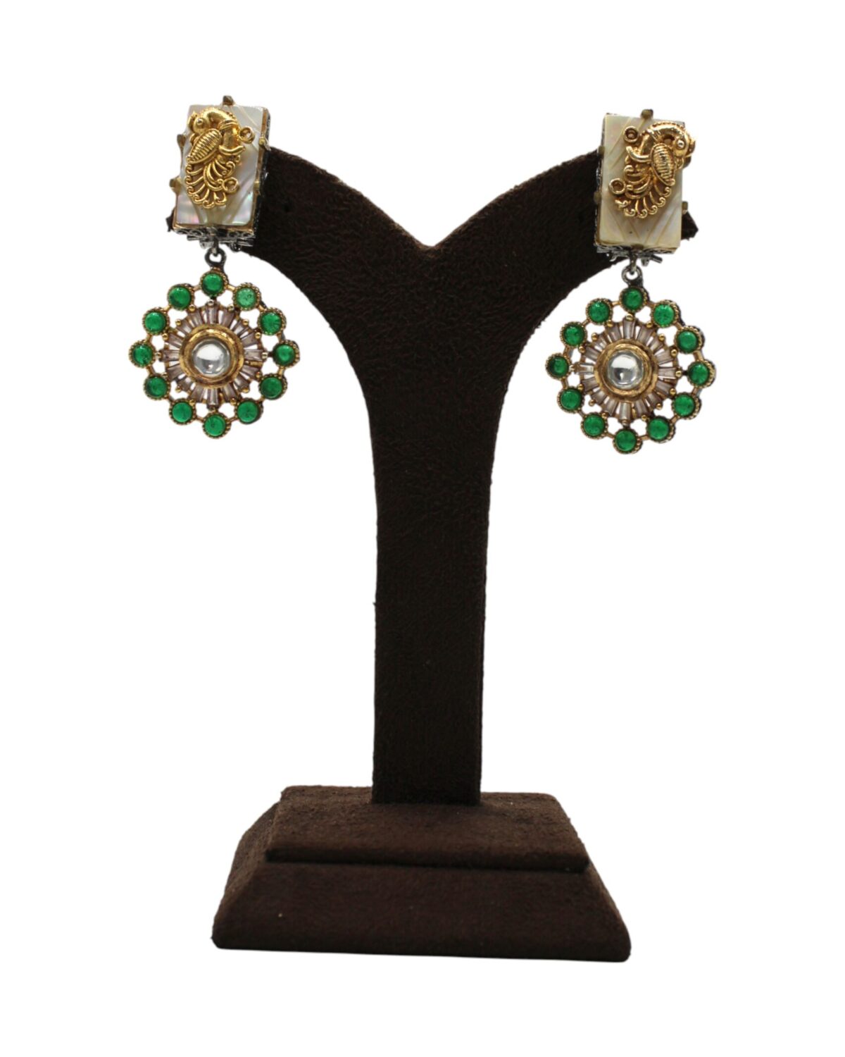 Elegant Vintage Green and Gold Earrings Displayed on Stand