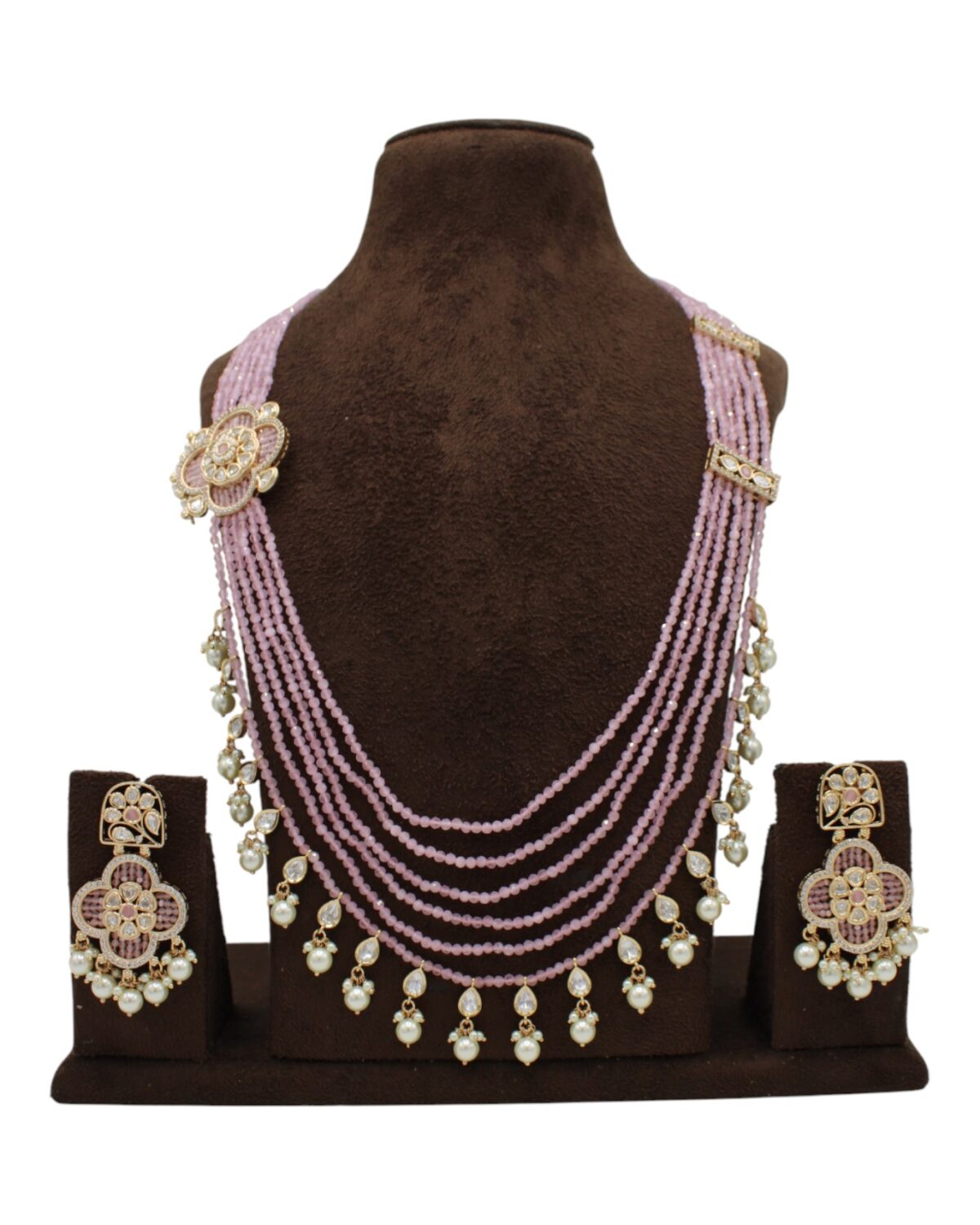 Elegant Pink Beaded Necklace Set with Intricate Floral Accents
