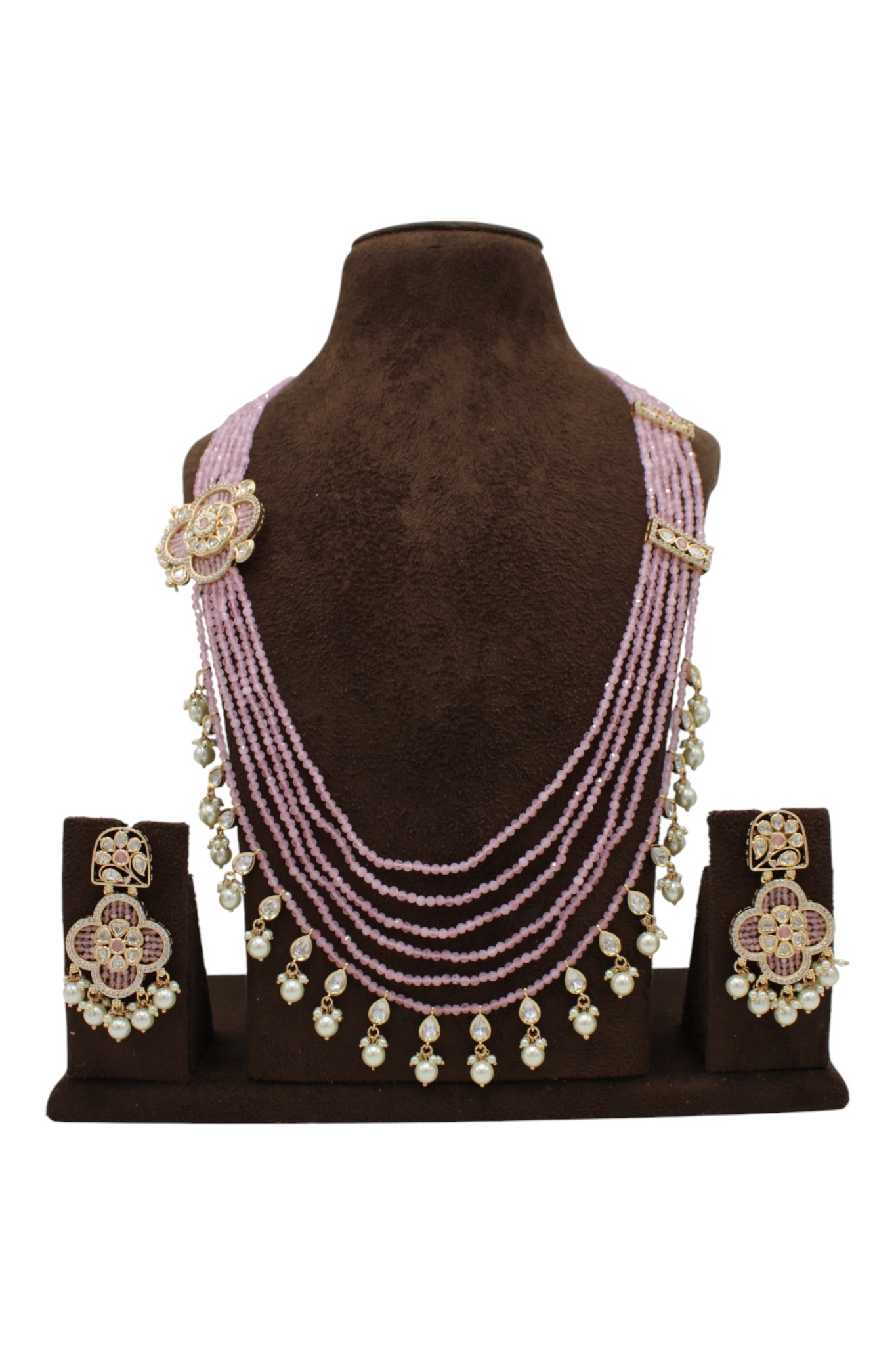 Elegant Pink Beaded Necklace Set with Intricate Floral Accents