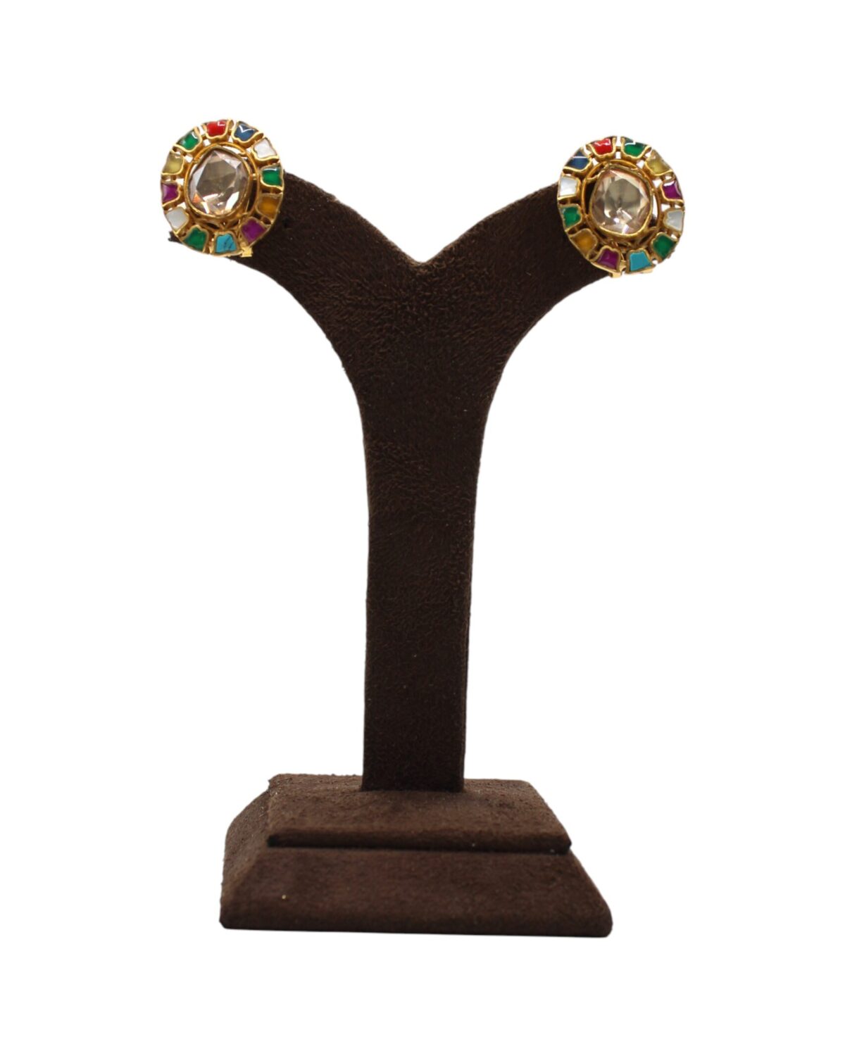 Elegant Multicolored Gemstone Earrings Displayed on Stand
