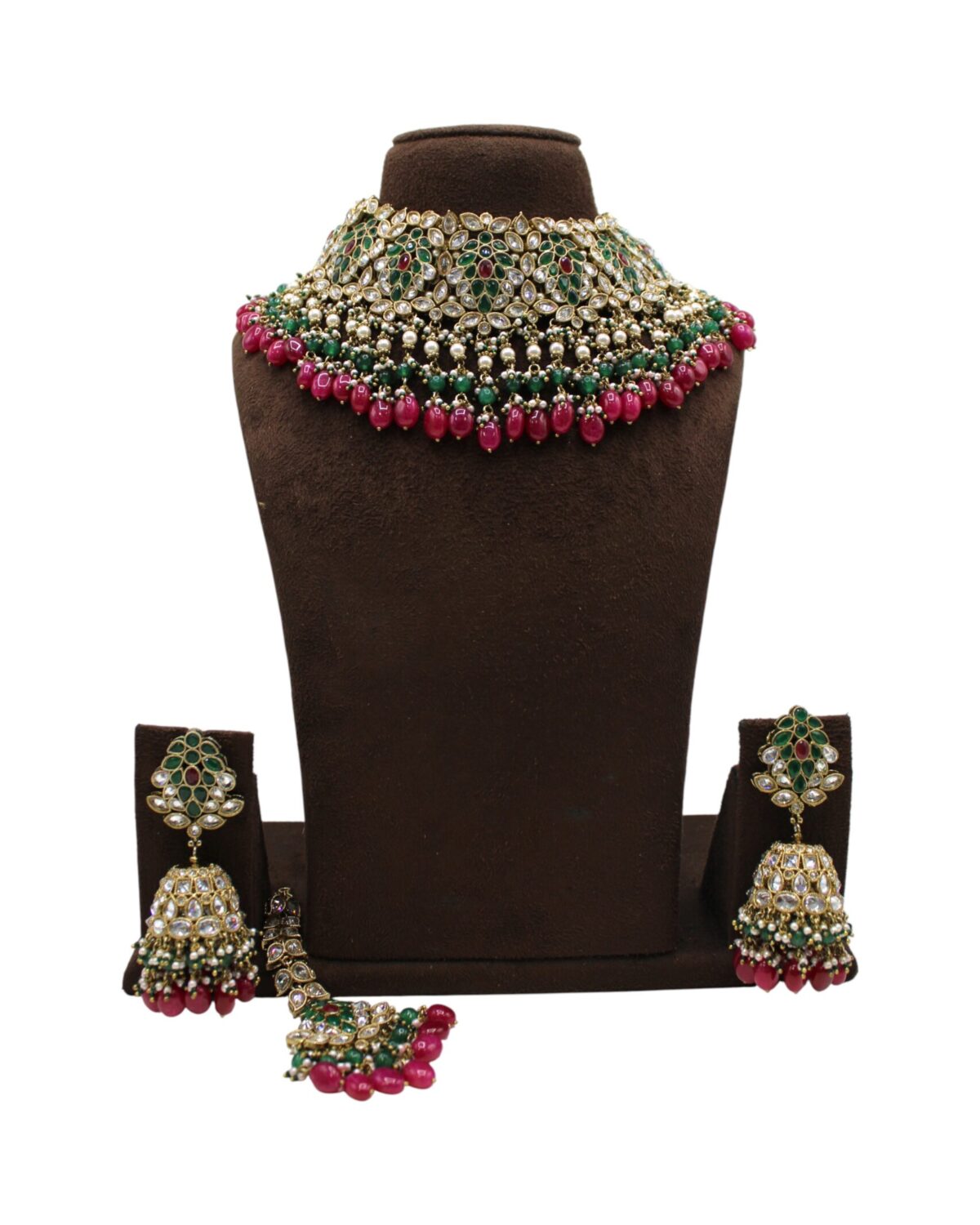 Elegant Traditional Indian Jewelry Set with Emerald and Ruby Accents