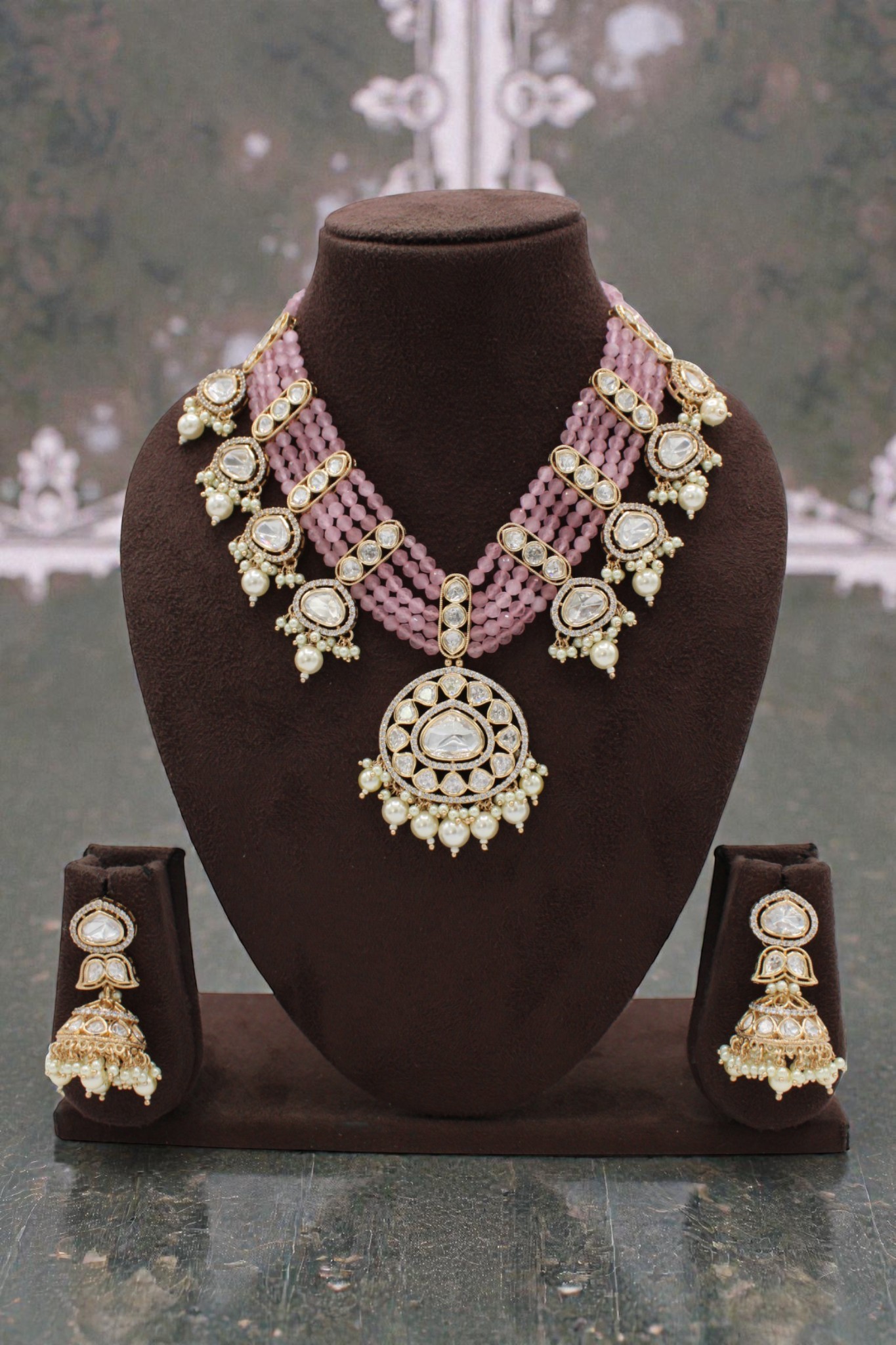 Elegant Pink Beaded Necklace Set with Intricate Gold Accents - Image 3