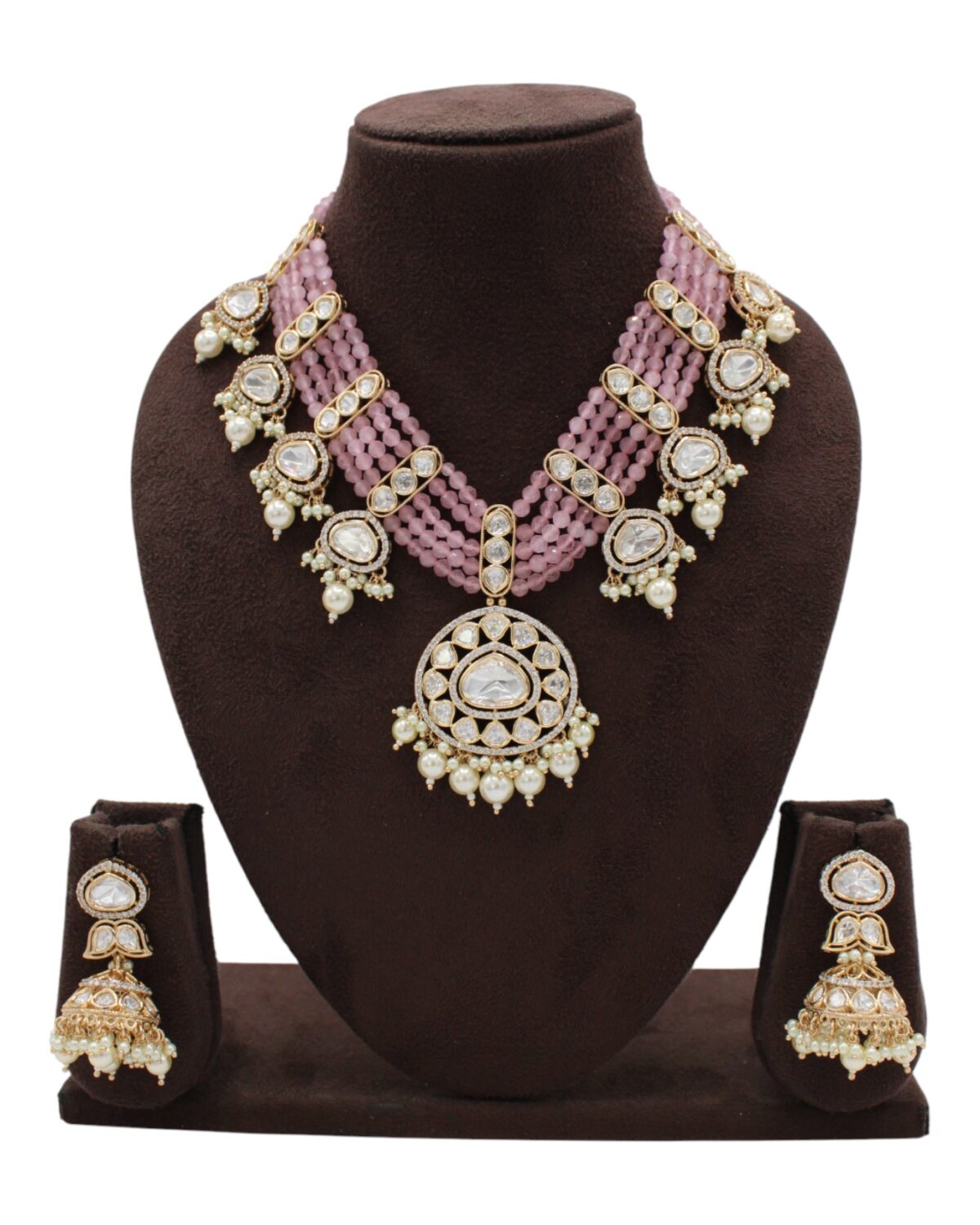 Elegant Pink Beaded Necklace Set with Intricate Gold Accents
