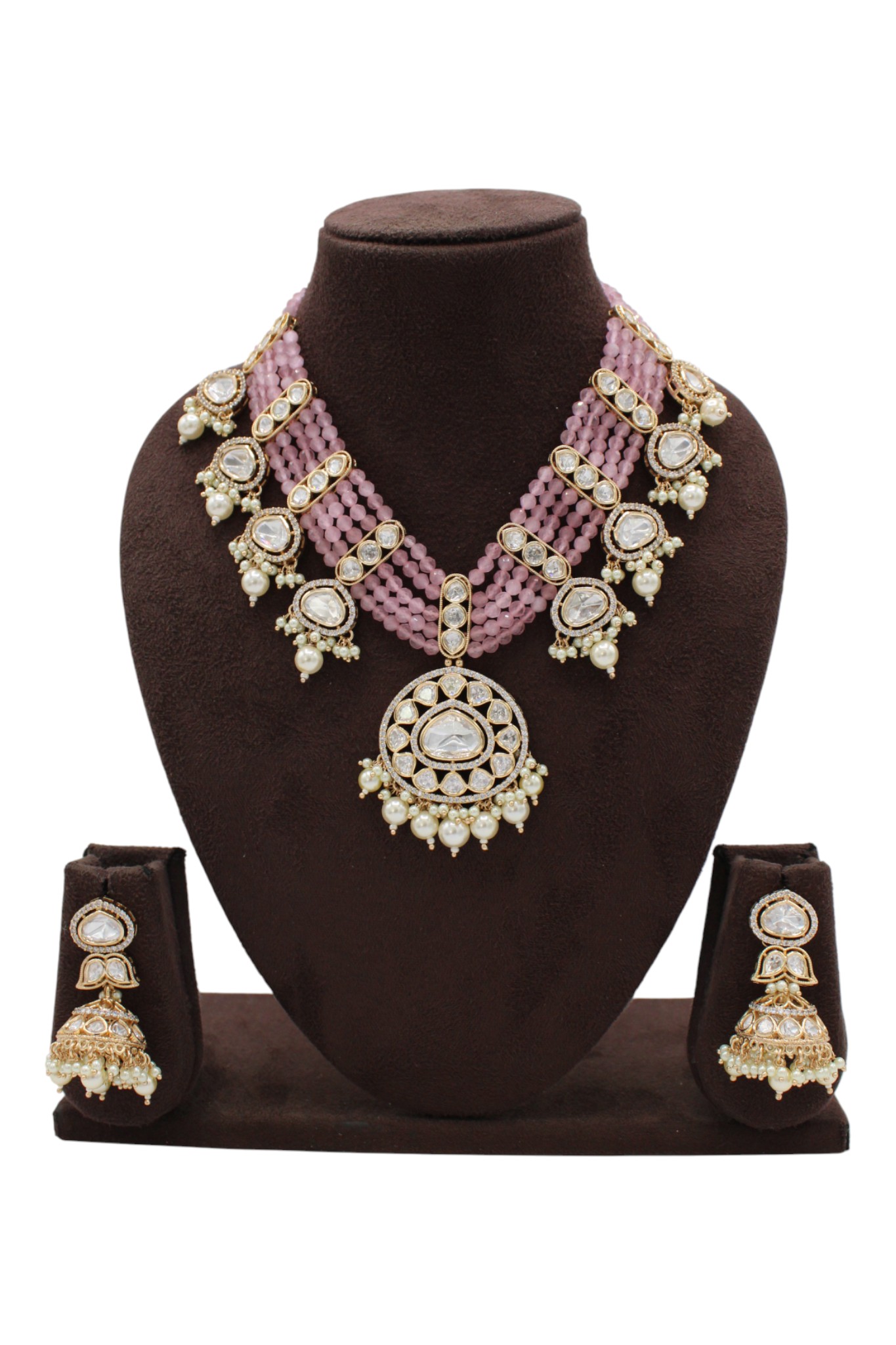 Elegant Pink Beaded Necklace Set with Intricate Gold Accents