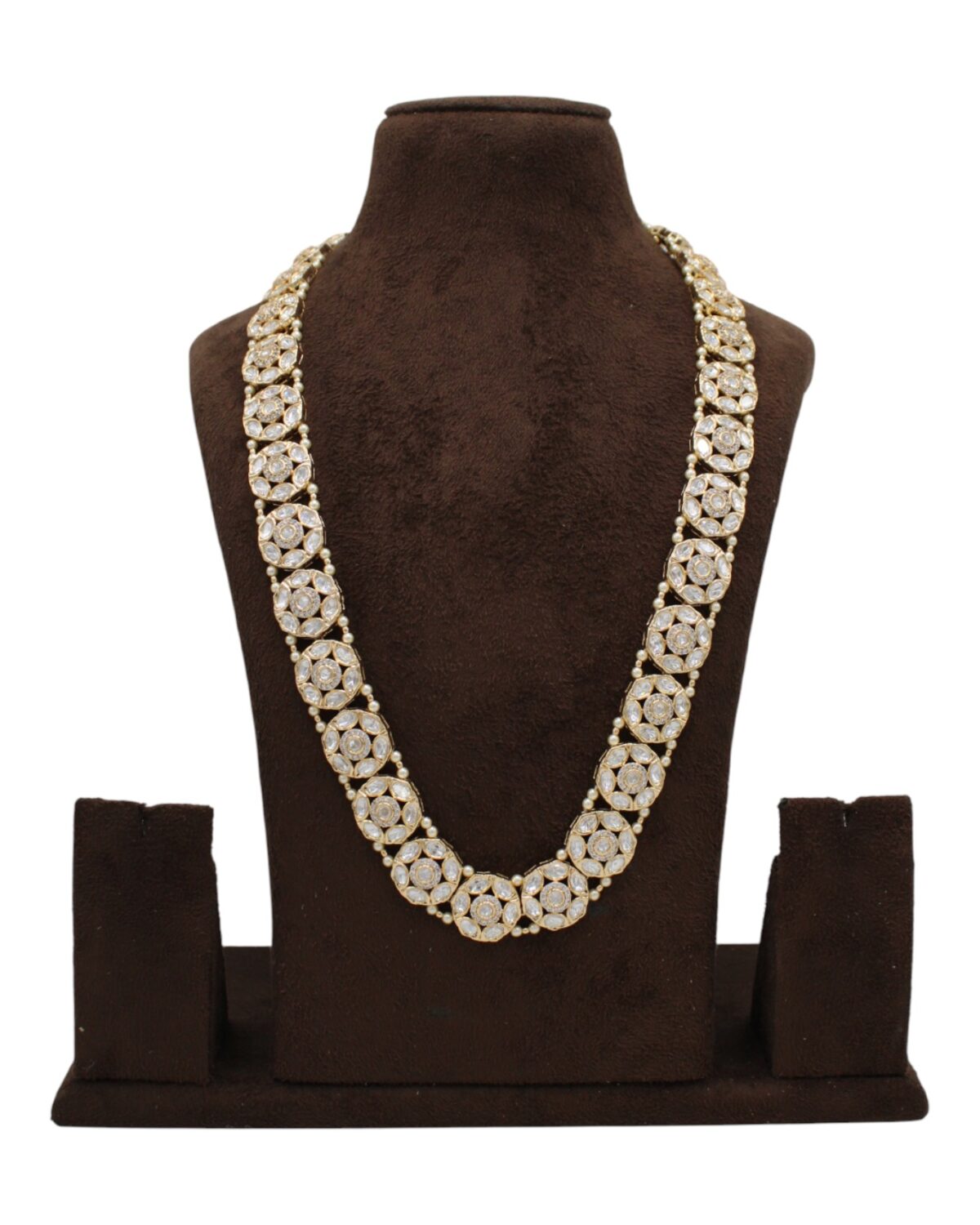 Elegant Gold and Pearl Floral Necklace Displayed on a Bust