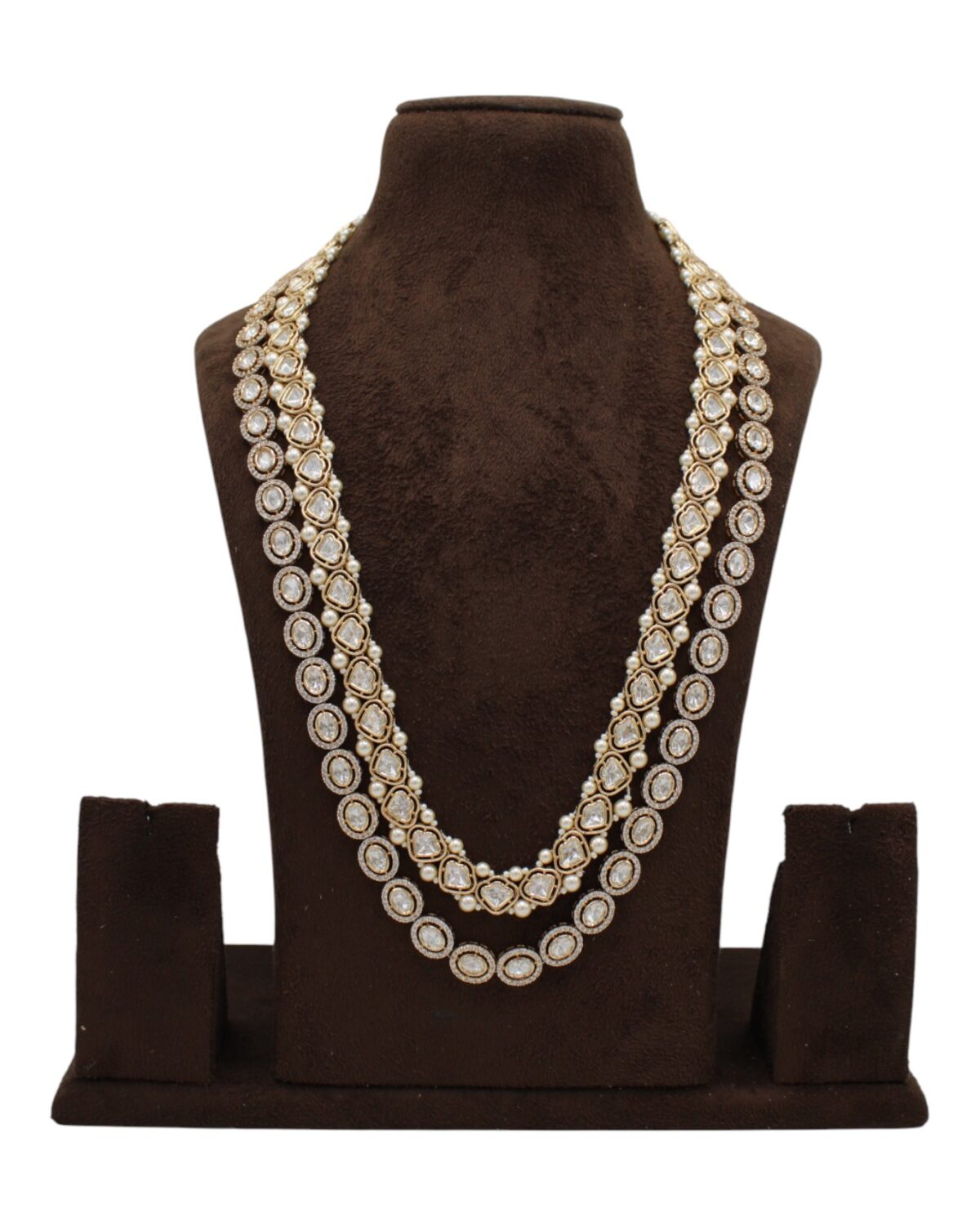 Elegant Multi-Layered Pearl and Gold Necklace Display
