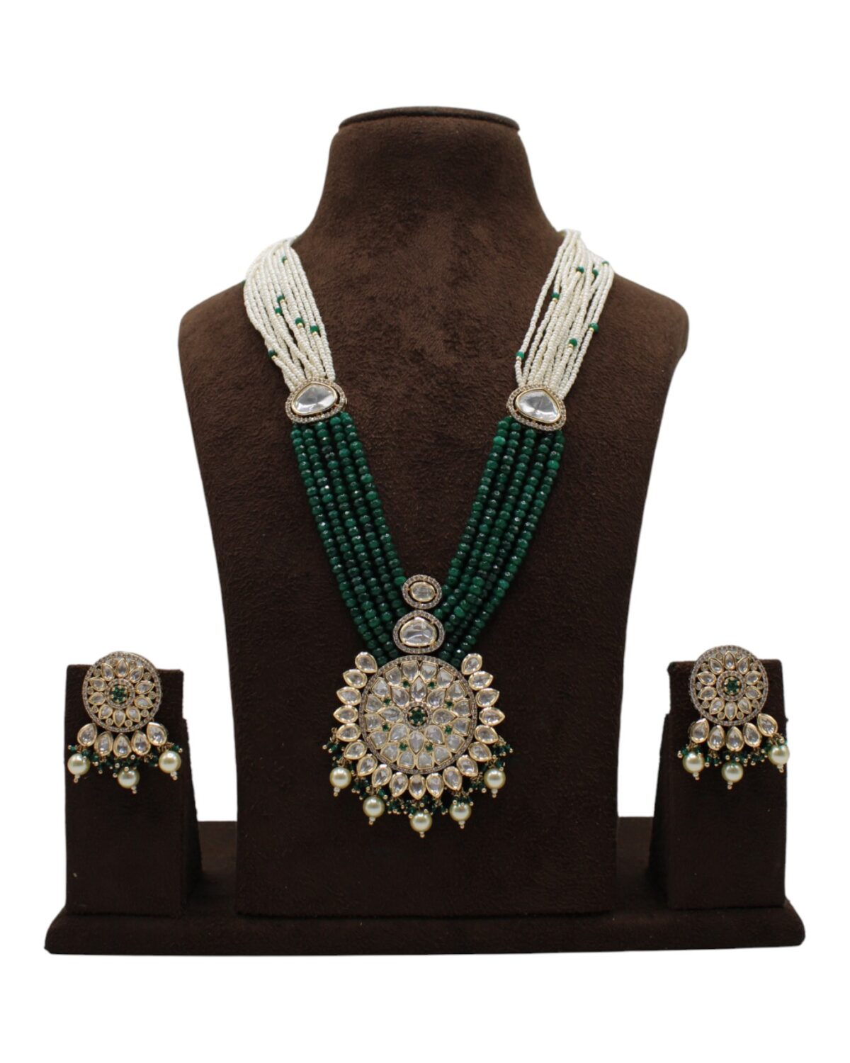 Elegant Multi-Layered Green Bead Necklace with Matching Earrings