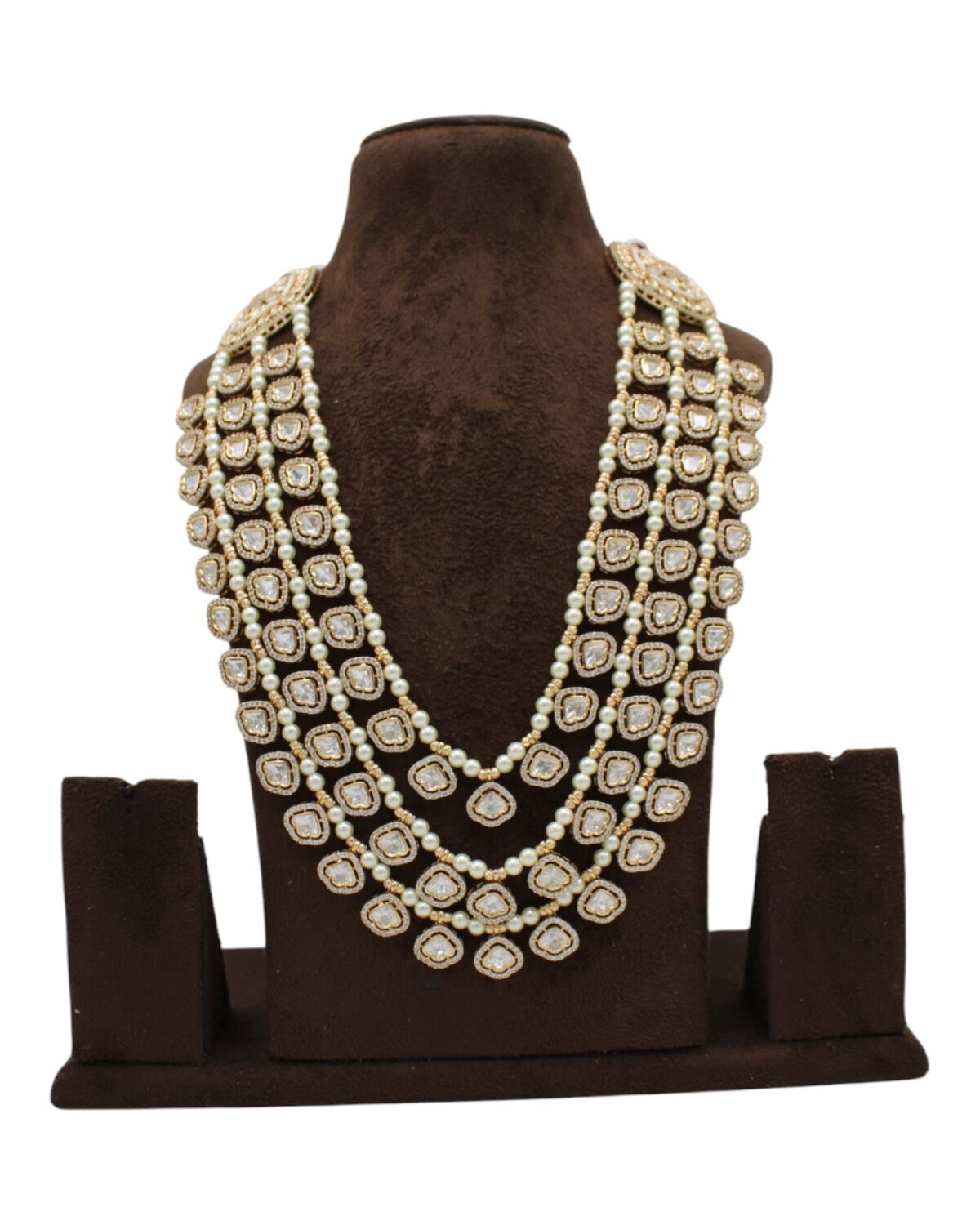Elegant Multi-Layered Pearl and Diamond Necklace Display