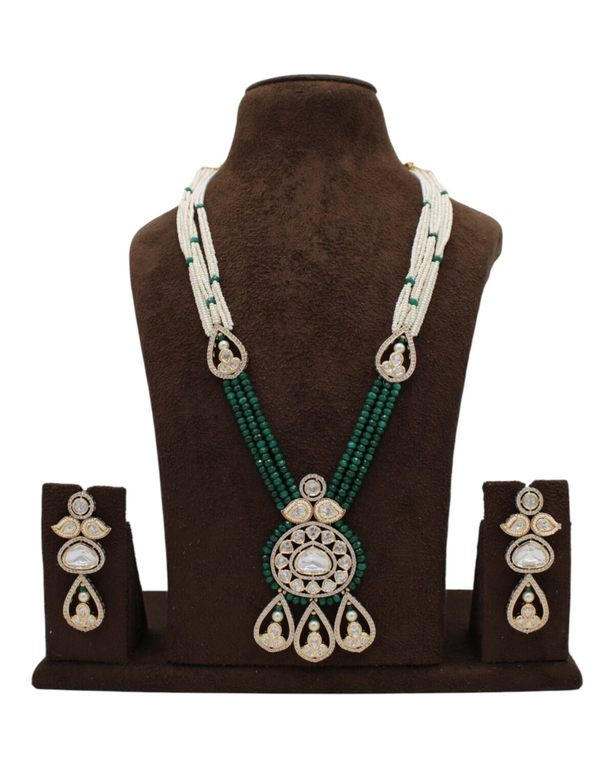 Elegant Green and White Beaded Necklace Set with Intricate Pendant