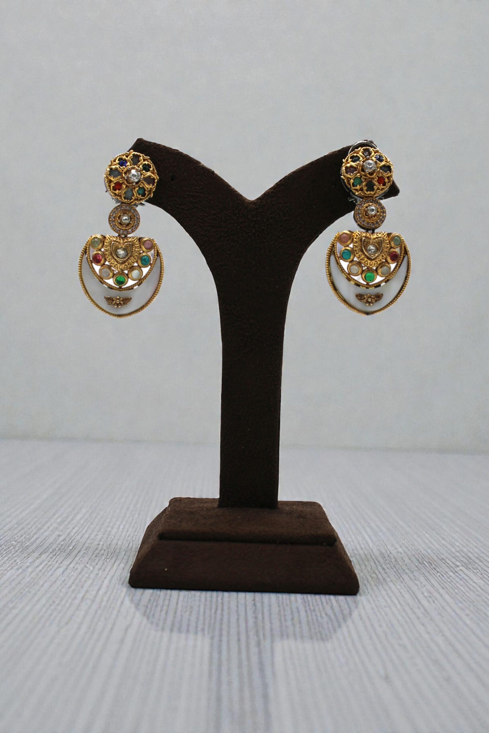 Elegant Gold and Enamel Earrings with Colorful Gemstones - Image 3