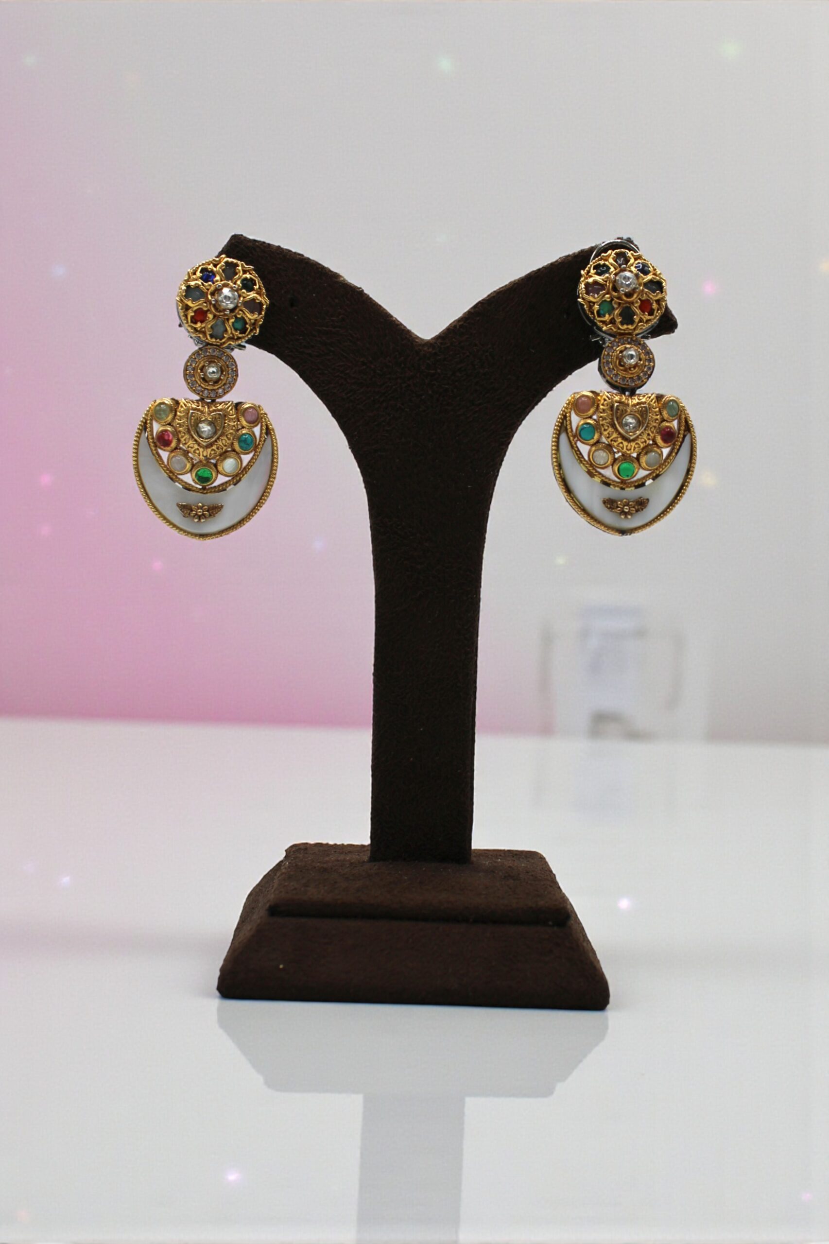 Elegant Gold and Enamel Earrings with Colorful Gemstones - Image 2