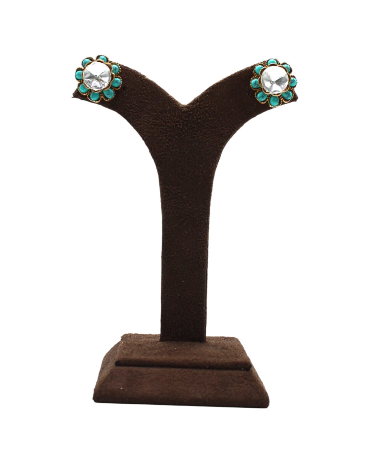Elegant Floral Stud Earrings Displayed on a Velvet Stand