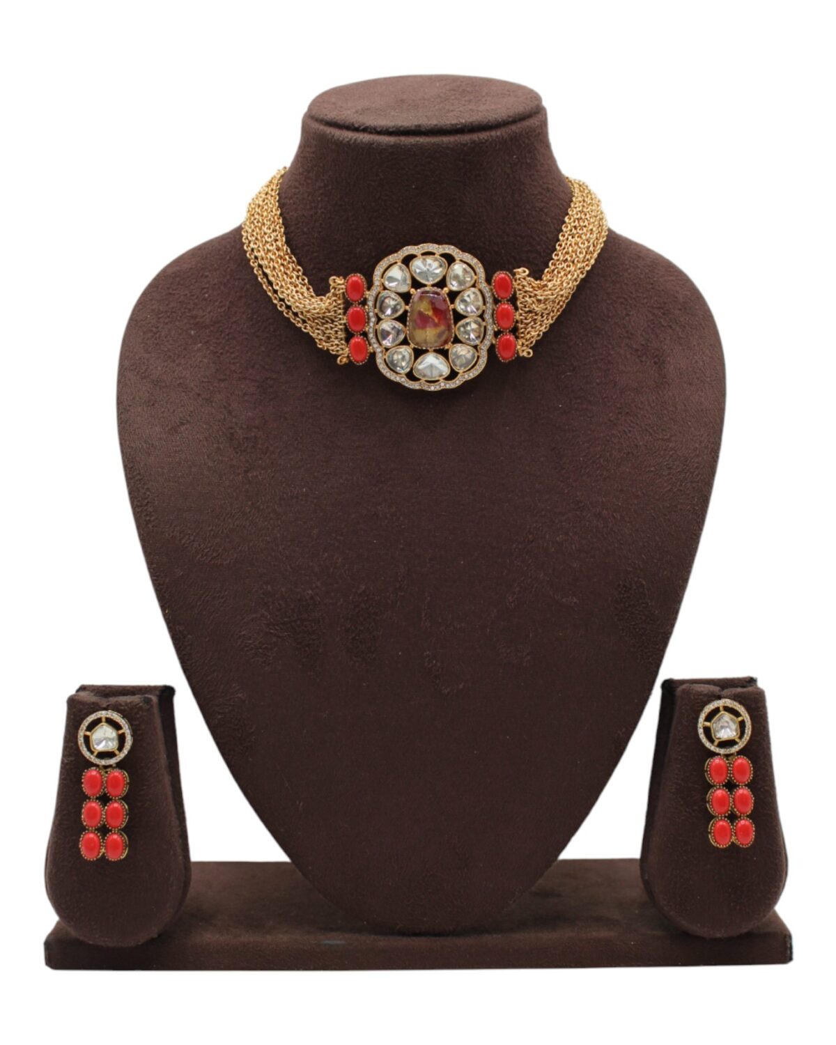 Elegant Gold and Red Stone Necklace Set