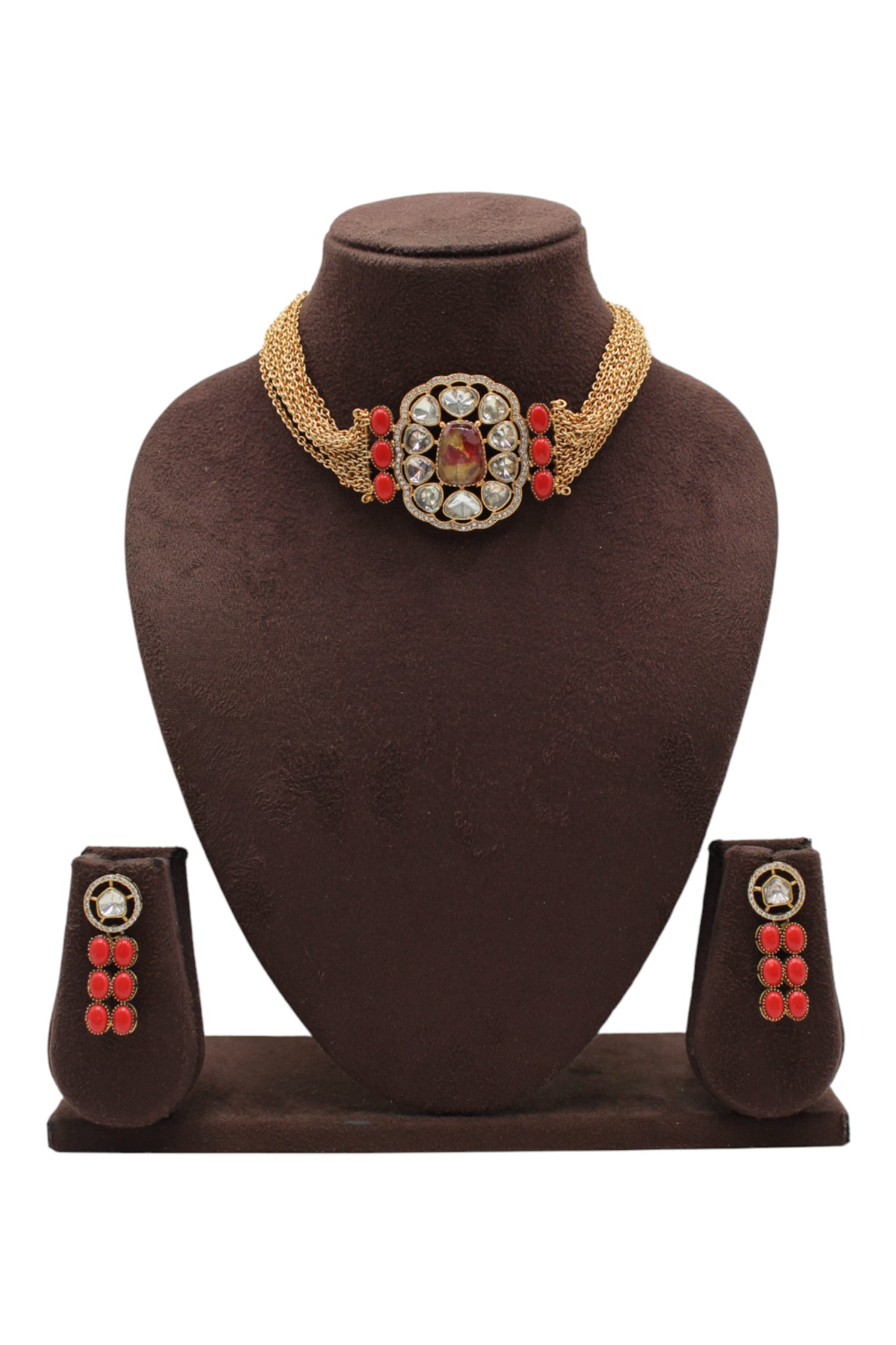 Elegant Gold and Red Stone Necklace Set