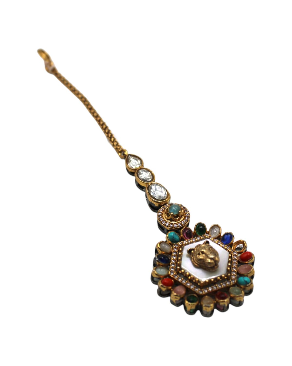 Intricately Designed Traditional Gold Pendant with Colorful Gemstones