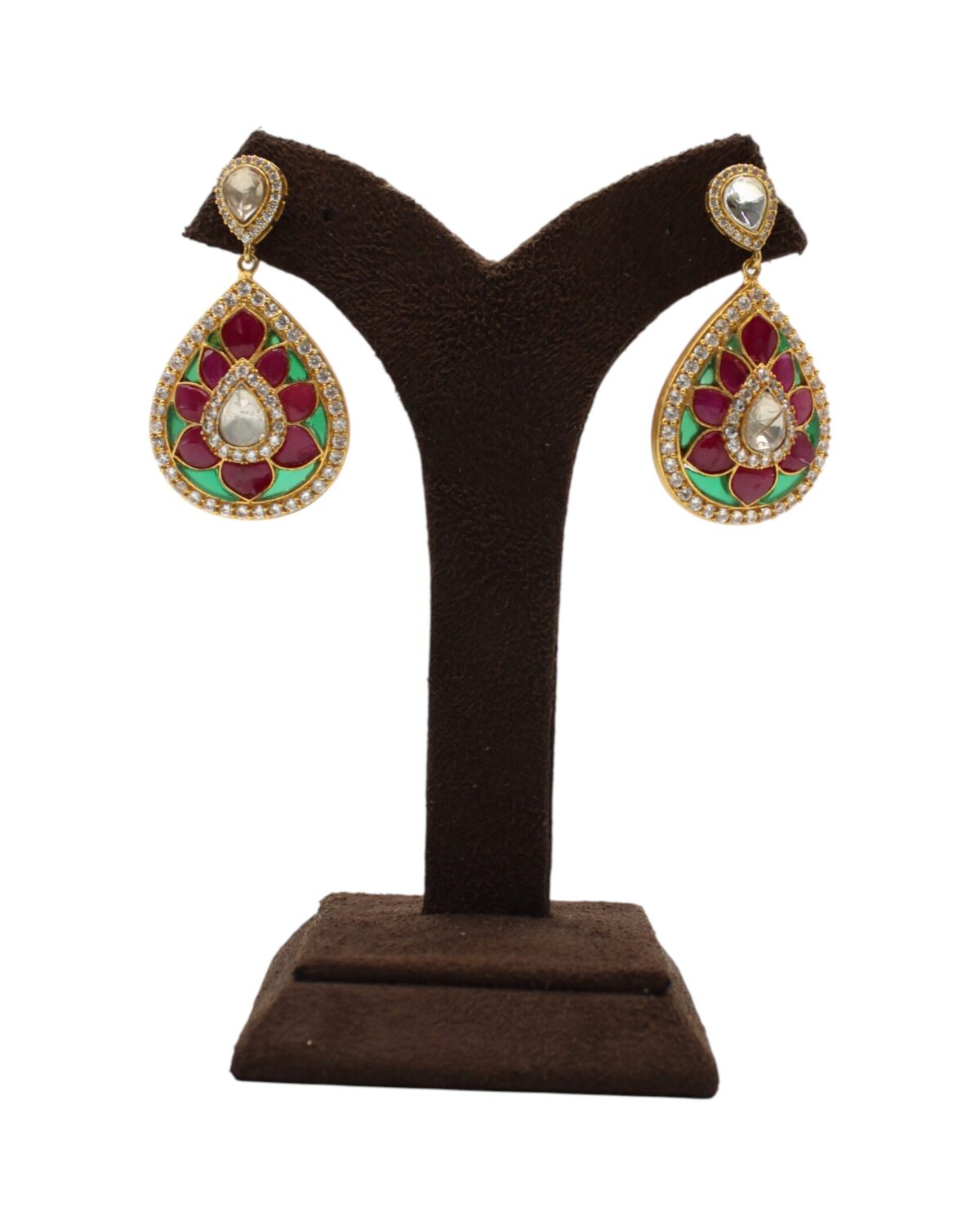 Elegant Multicolored Teardrop Earrings Displayed on Stand