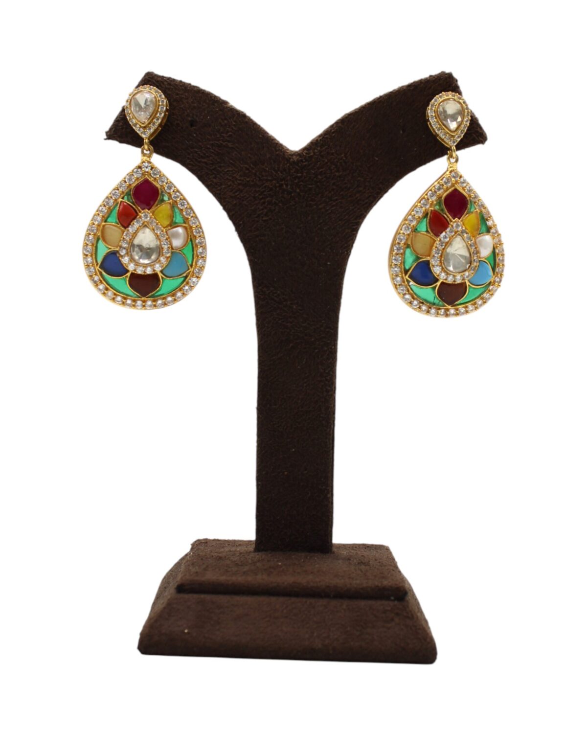 Elegant Multicolored Teardrop Earrings Displayed on Stand