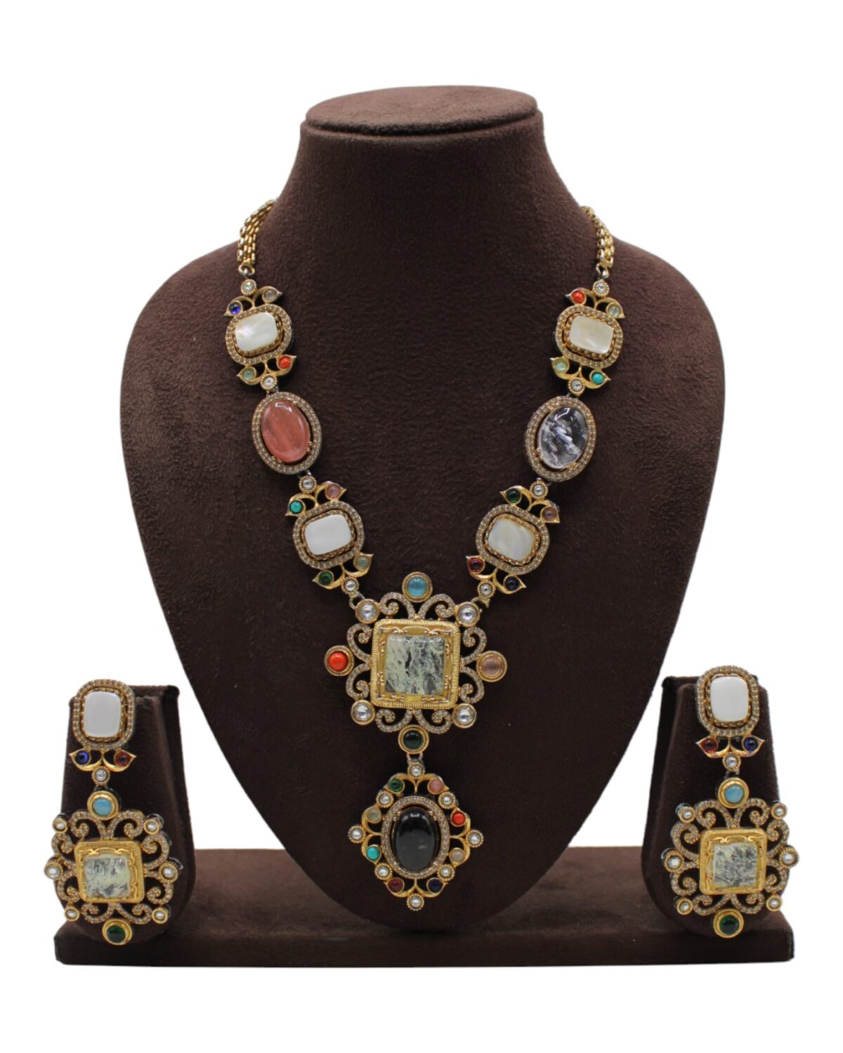 Elegant Vintage-Inspired Jewelry Set with Colorful Gemstones