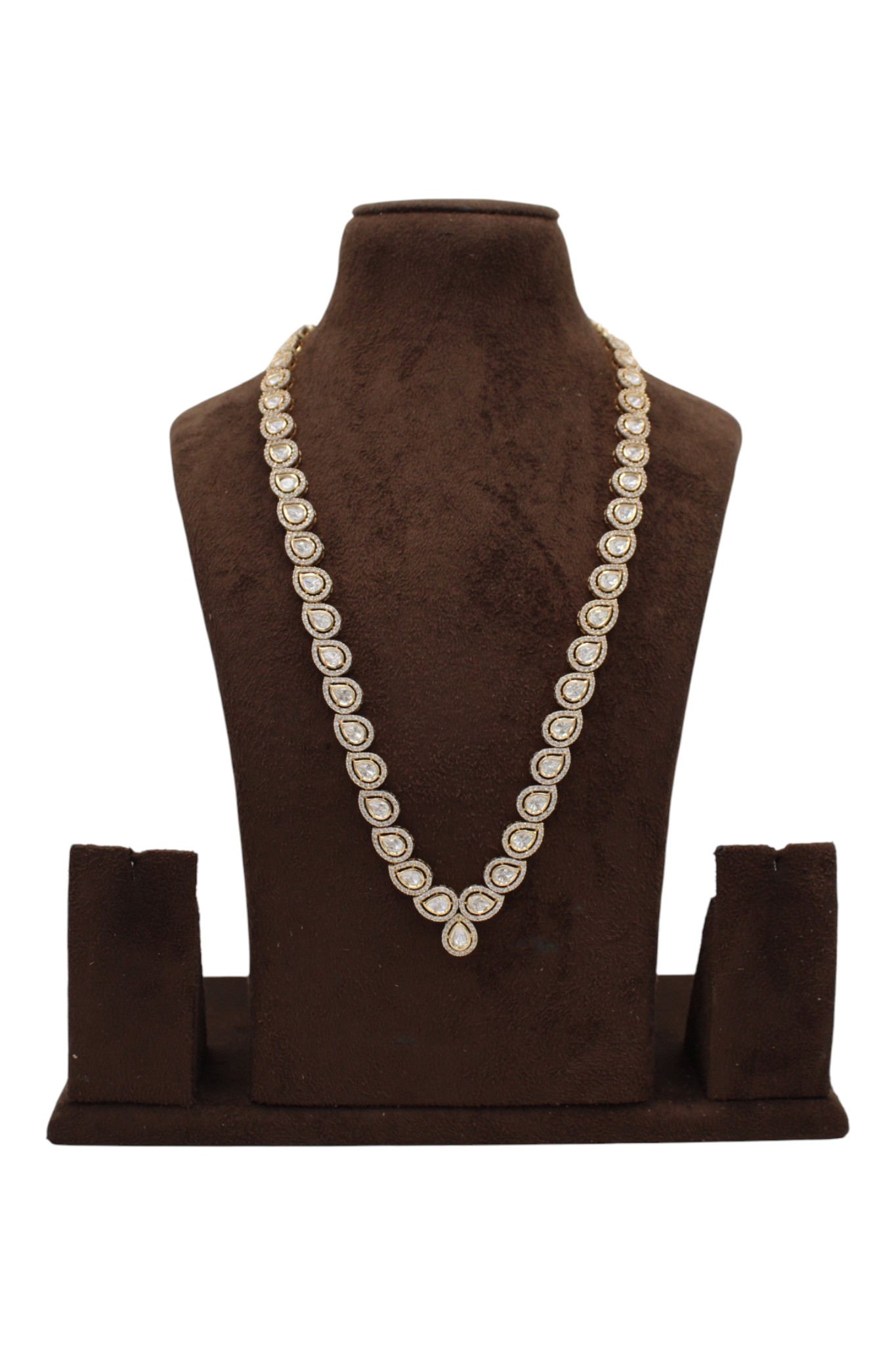 Elegant Pearl-Studded Necklace Displayed on a Velvet Stand