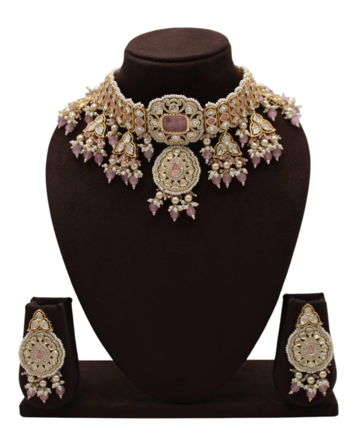Elegant Gold and Pink Stone Necklace Set