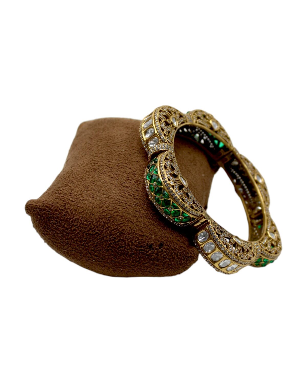 Elegant Gold and Green Enamel Bangle on Velvet Display