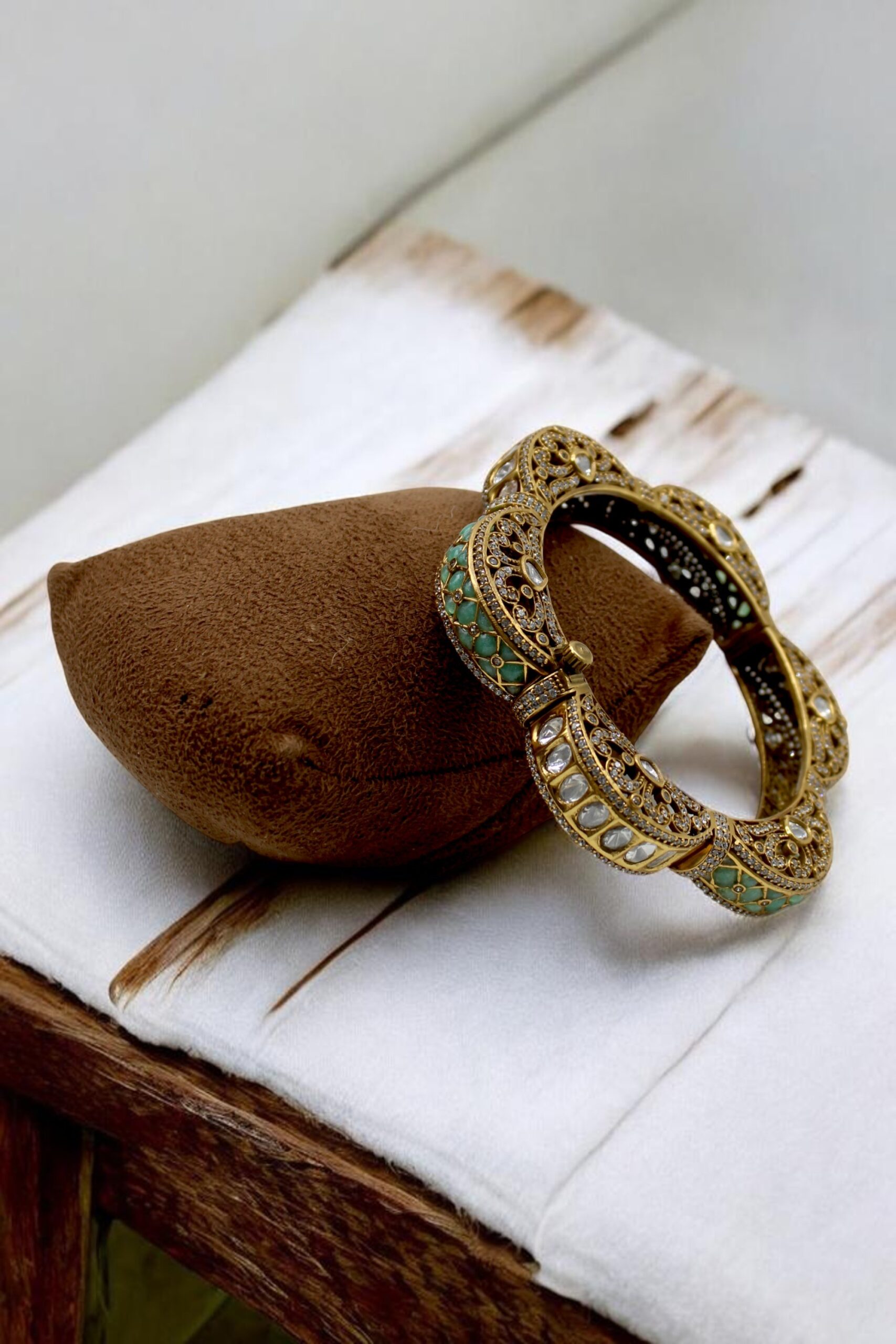 Intricately Designed Antique Bangle with Green and White Stones - Image 3