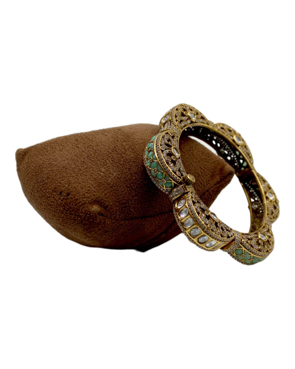 Intricately Designed Antique Bangle with Green and White Stones