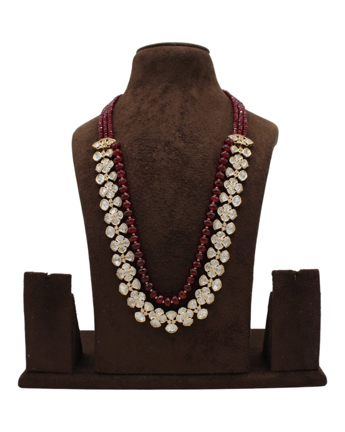 Elegant Multi-Layered Necklace with Red Beads and Sparkling Stones