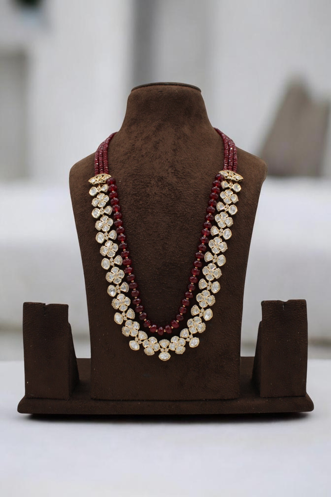 Elegant Multi-Layered Necklace with Red Beads and Sparkling Stones - Image 2