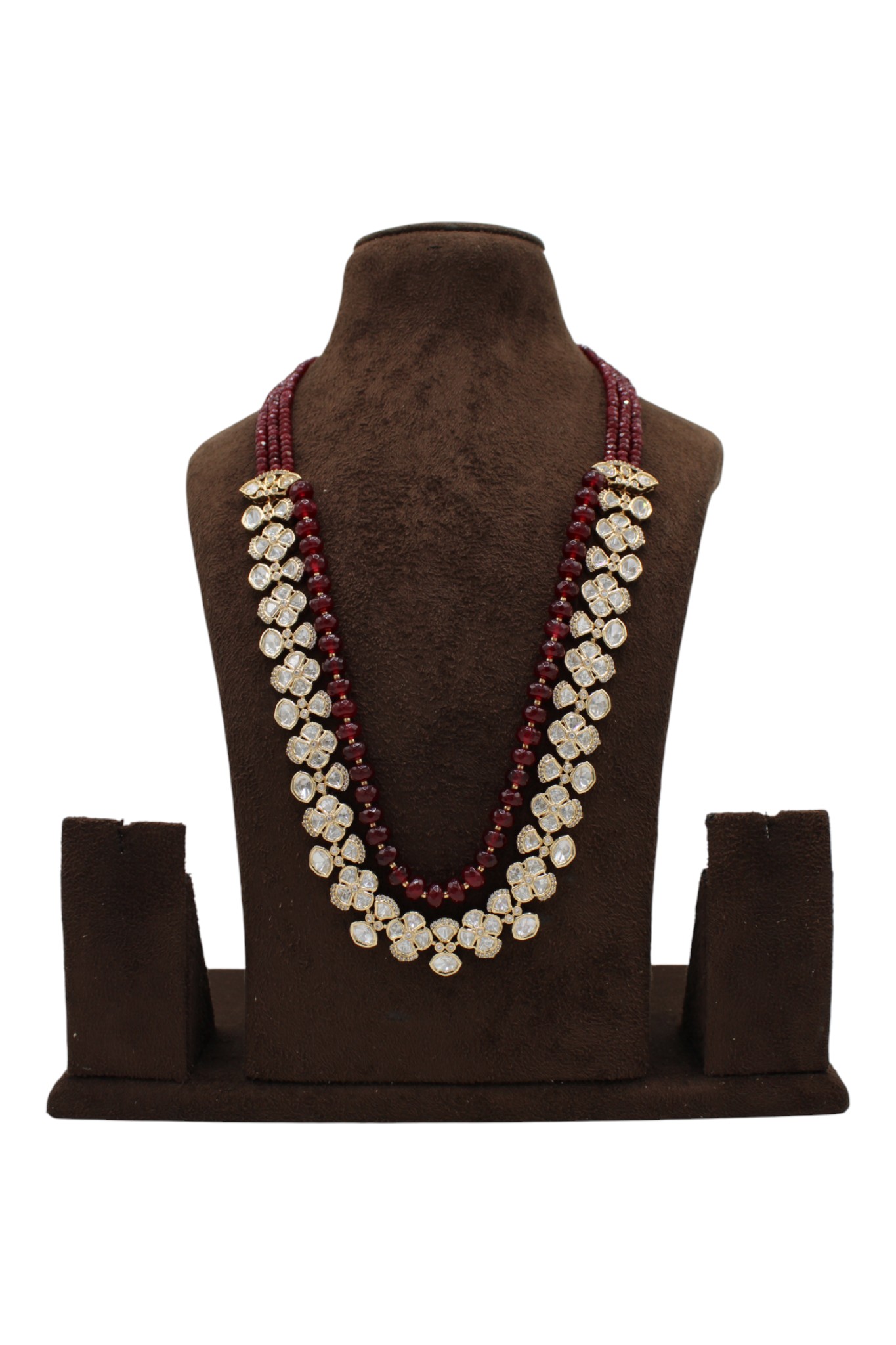 Elegant Multi-Layered Necklace with Red Beads and Sparkling Stones