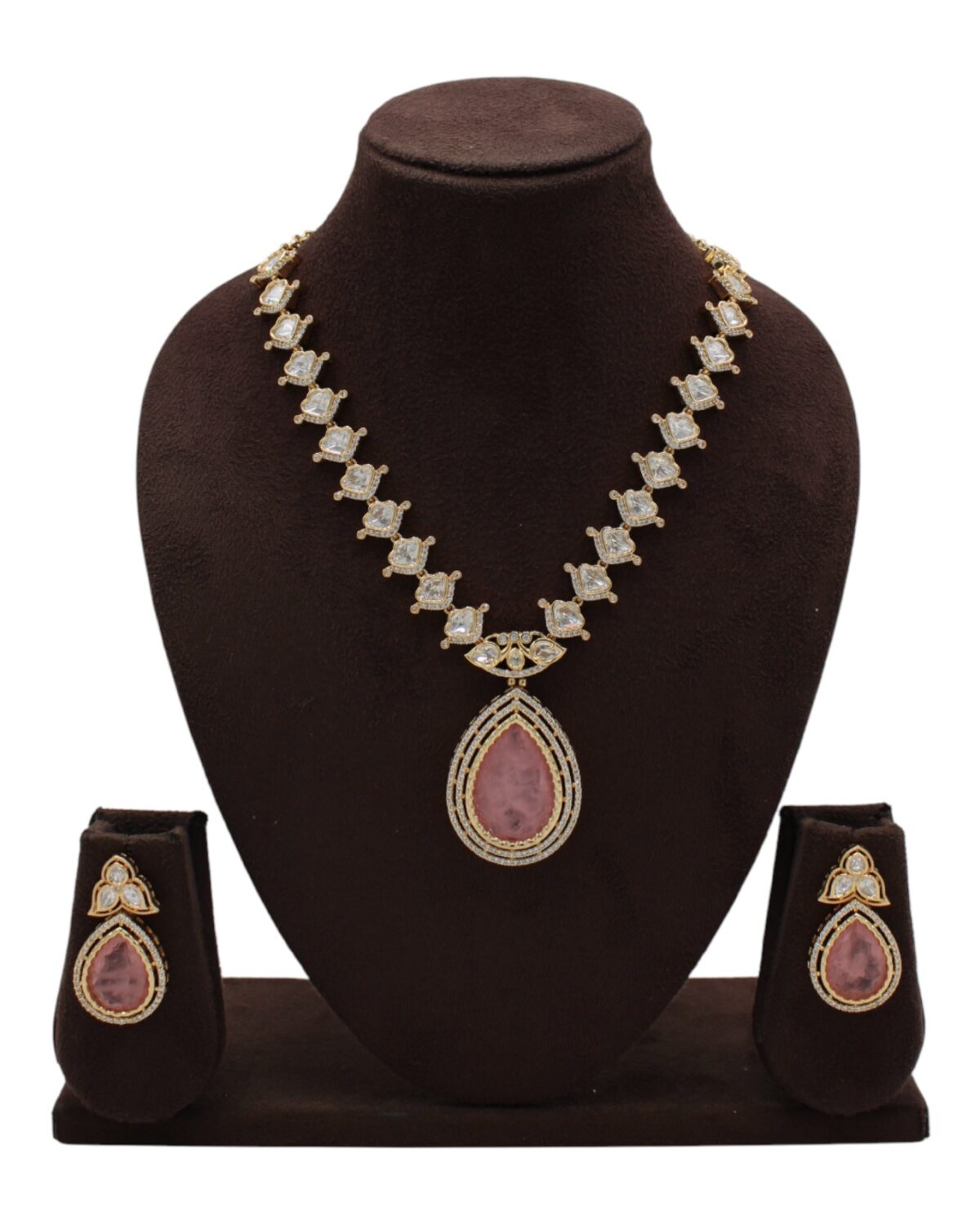 Elegant Gold and Pink Stone Necklace Set