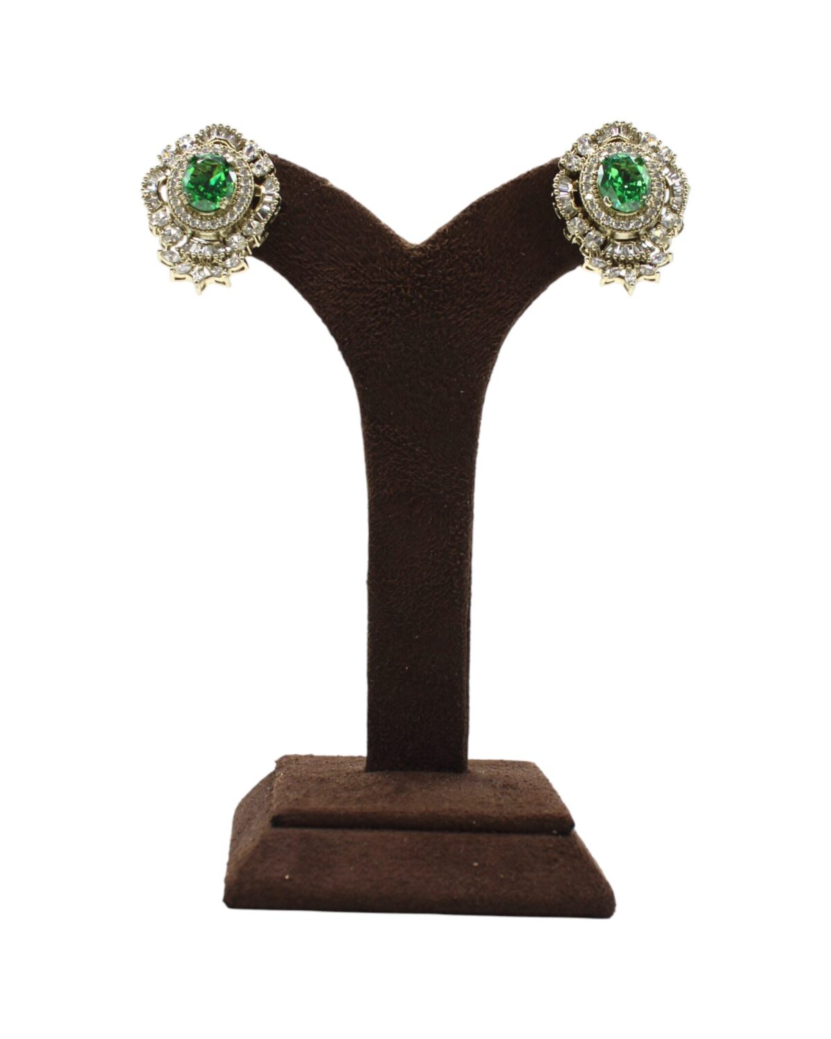 Elegant Green Stone Earrings Displayed on a Stand