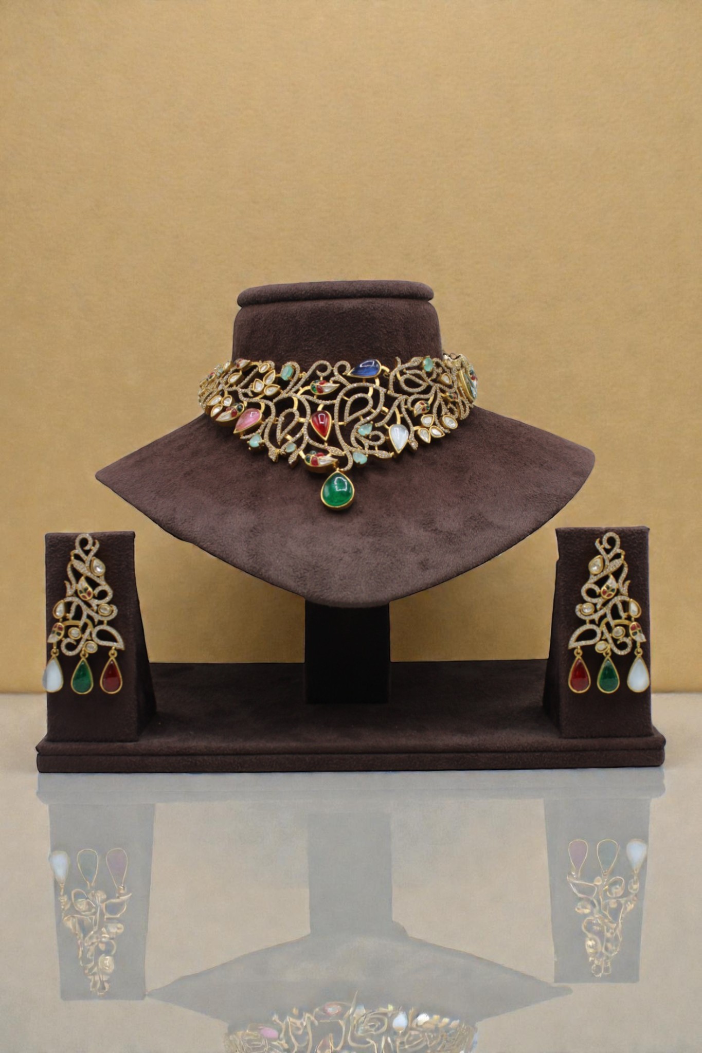 Elegant Gold Necklace and Earring Set with Colorful Gemstones - Image 3