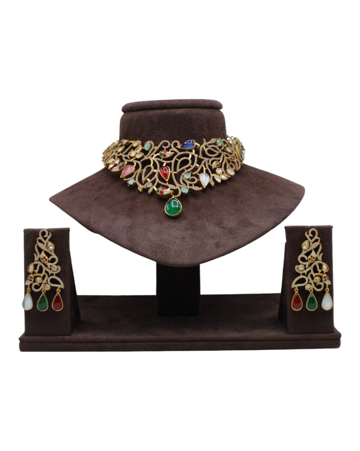 Elegant Gold Necklace and Earring Set with Colorful Gemstones