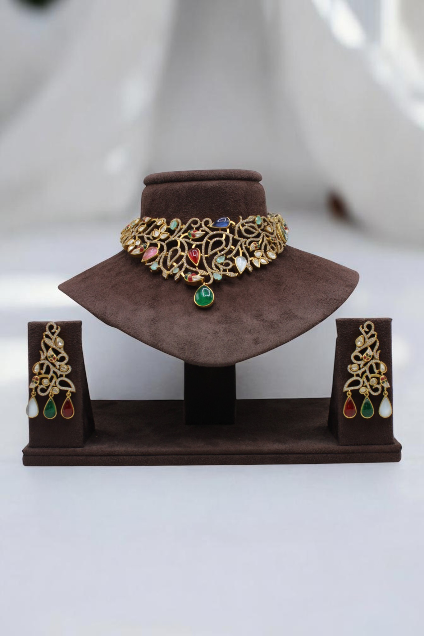 Elegant Gold Necklace and Earring Set with Colorful Gemstones - Image 2