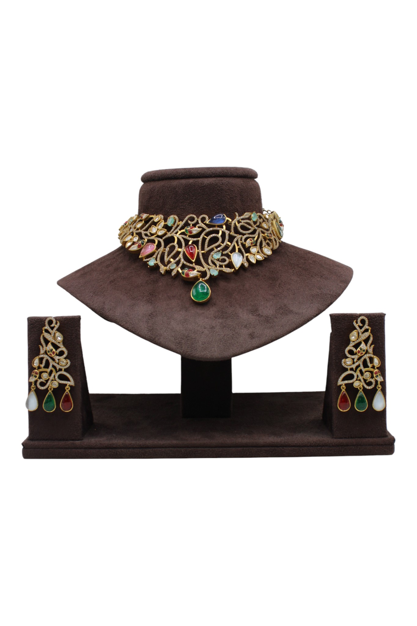 Elegant Gold Necklace and Earring Set with Colorful Gemstones