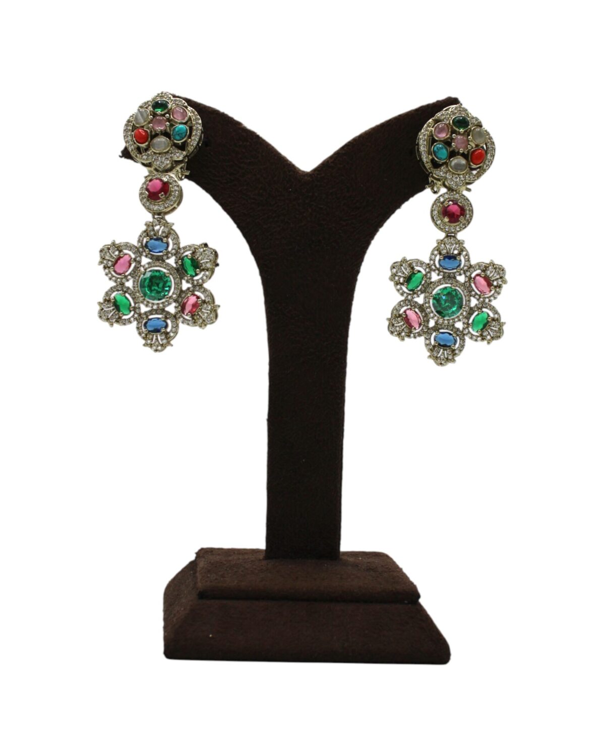 Elegant Vintage-Inspired Multi-Colored Earrings Displayed on Stand