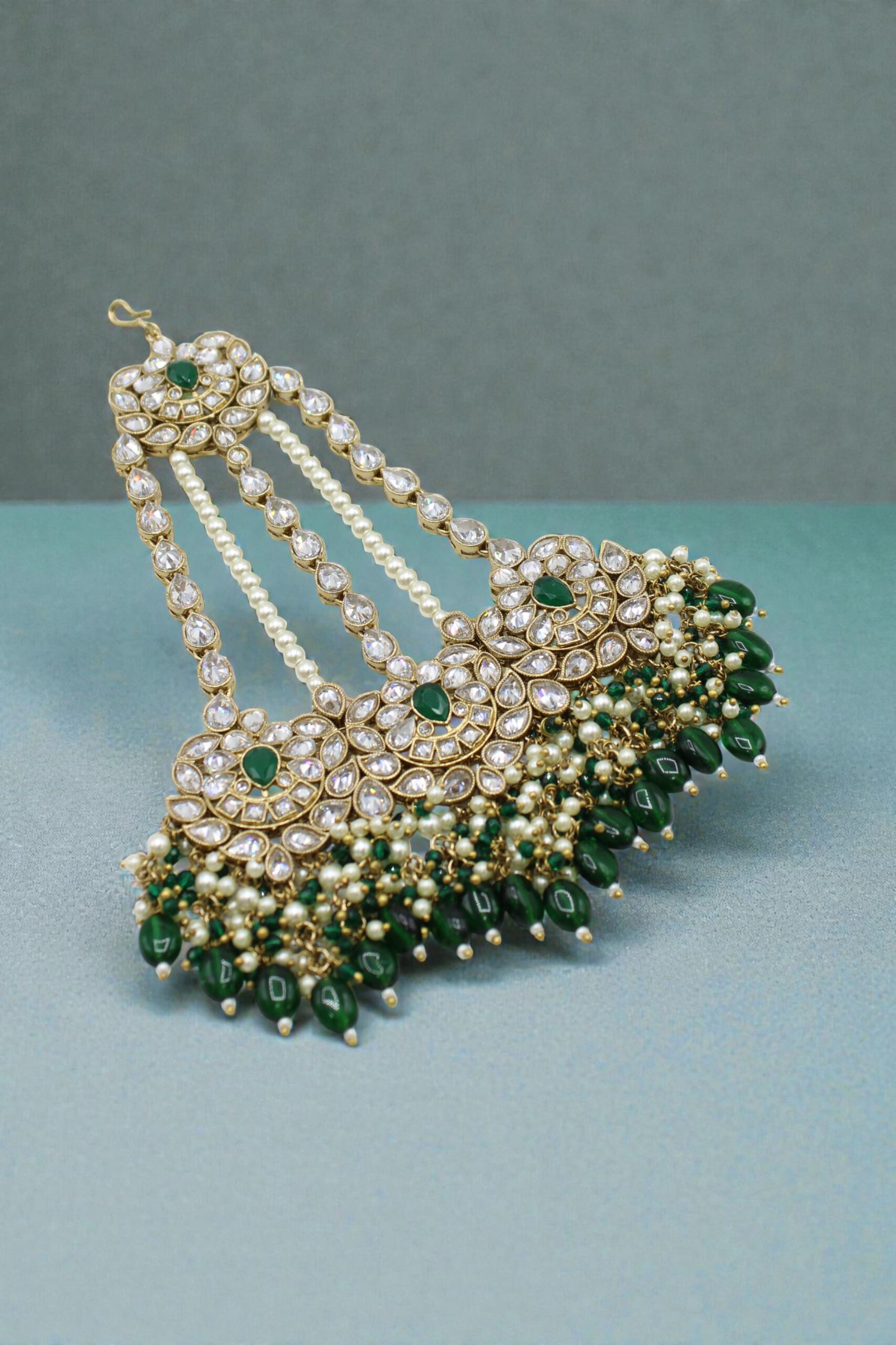 Elegant Traditional Indian Jewelry with Green and White Stones - Image 2