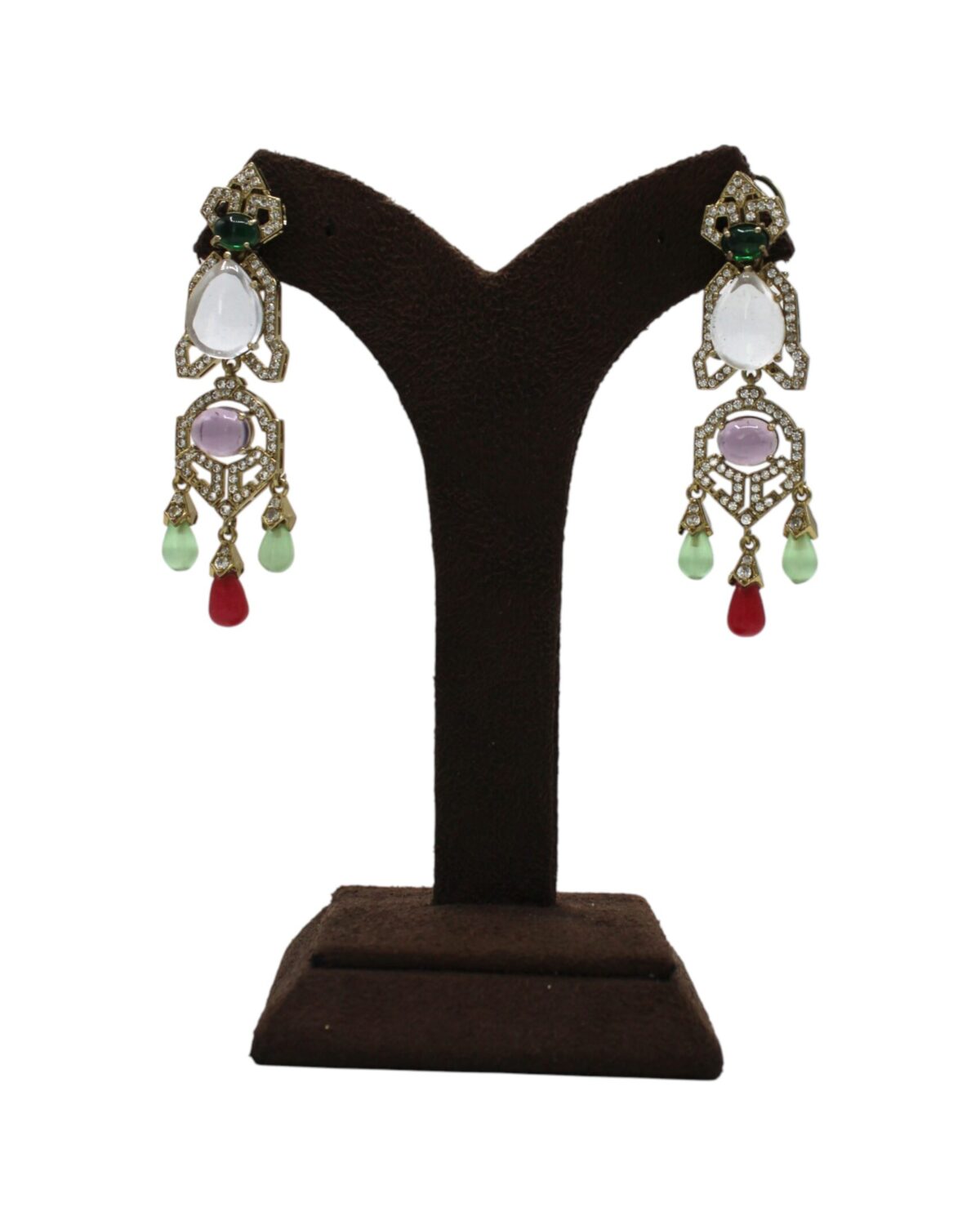 Elegant Multi-Colored Gemstone Earrings Displayed on Stand