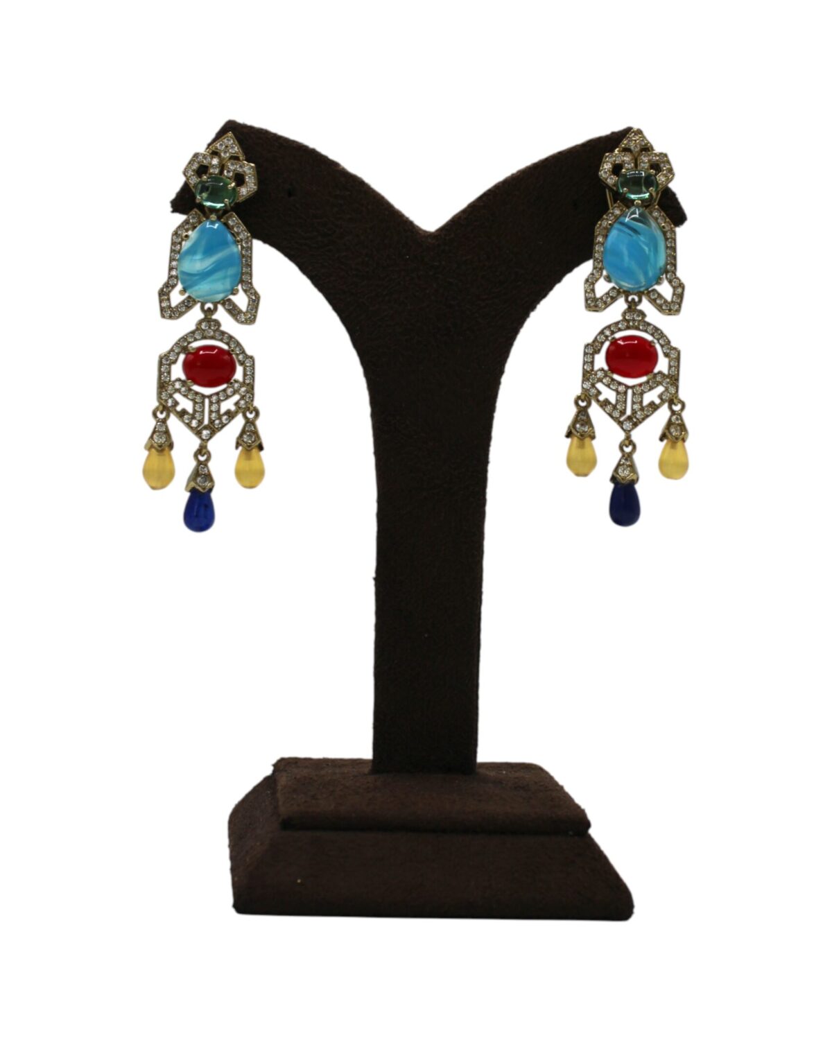 Elegant Vintage-Inspired Multi-Colored Earrings Displayed on Stand