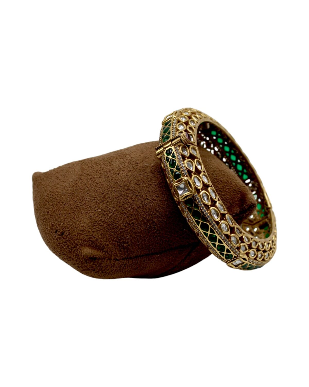 Elegant Gold and Green Enamel Bangle on Velvet Display
