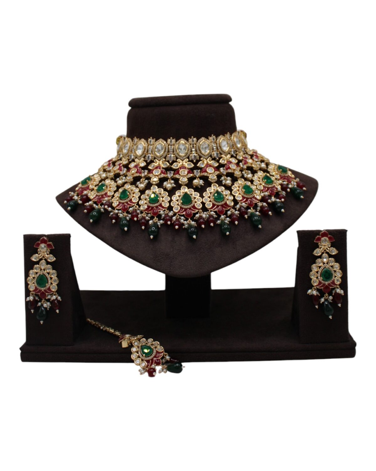 Exquisite Traditional Indian Jewelry Set with Emerald and Ruby Accents