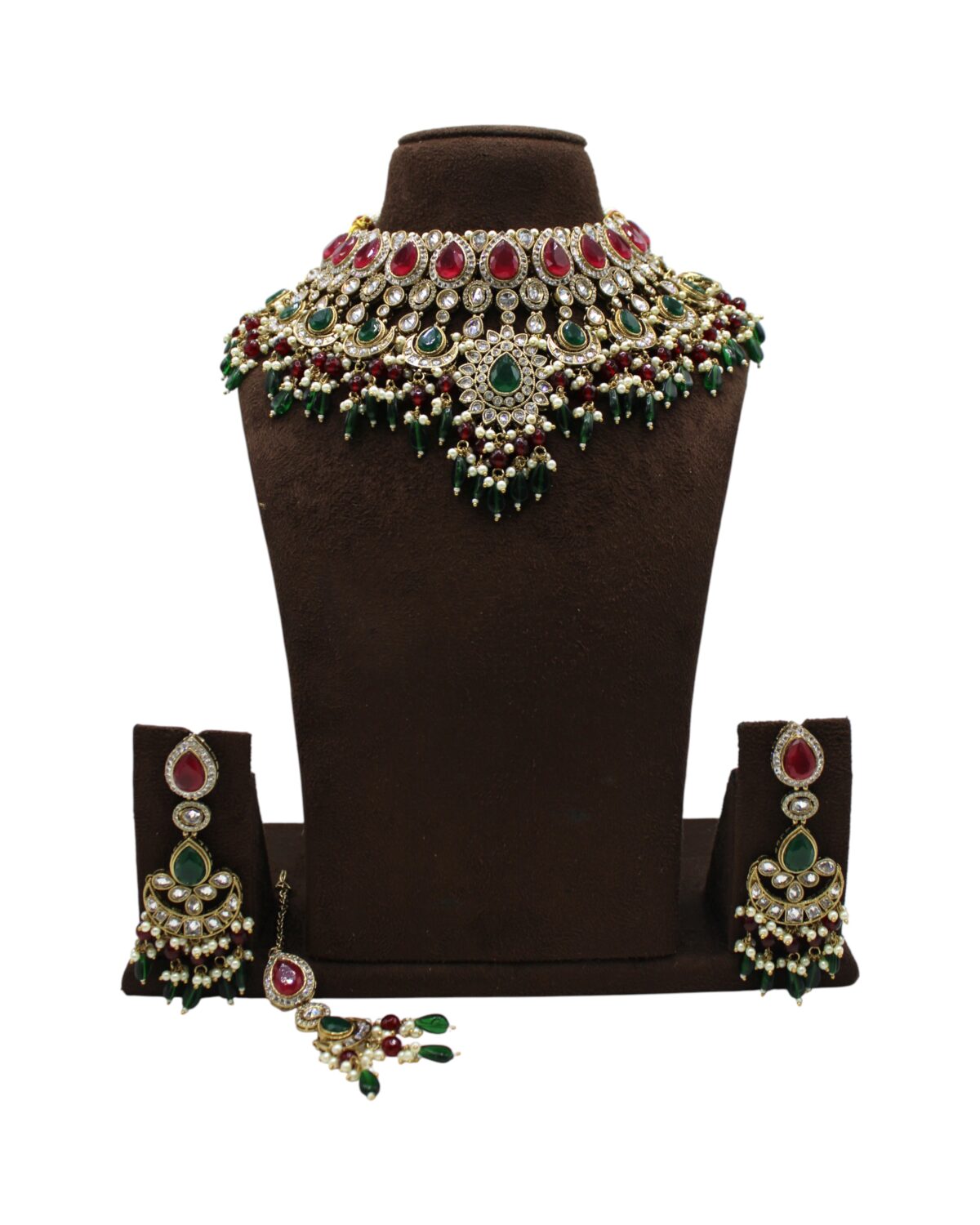 Exquisite Traditional Indian Jewelry Set with Emerald and Ruby Accents