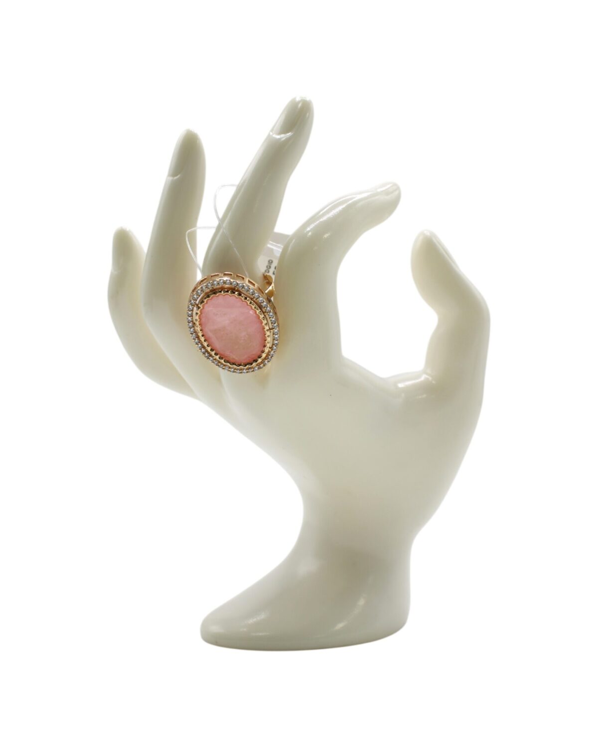Elegant Pink Stone Ring Displayed on a Decorative Hand