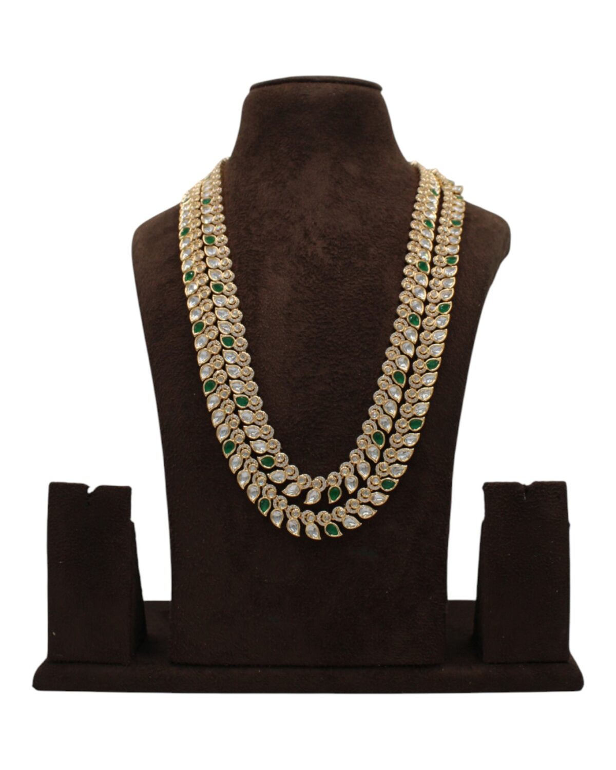 Elegant Multi-Layered Pearl and Emerald Necklace Display