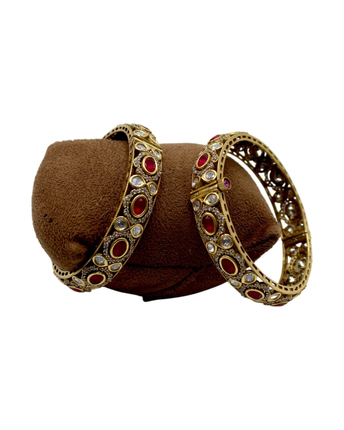 Elegant Gold Bangles with Red and White Stones