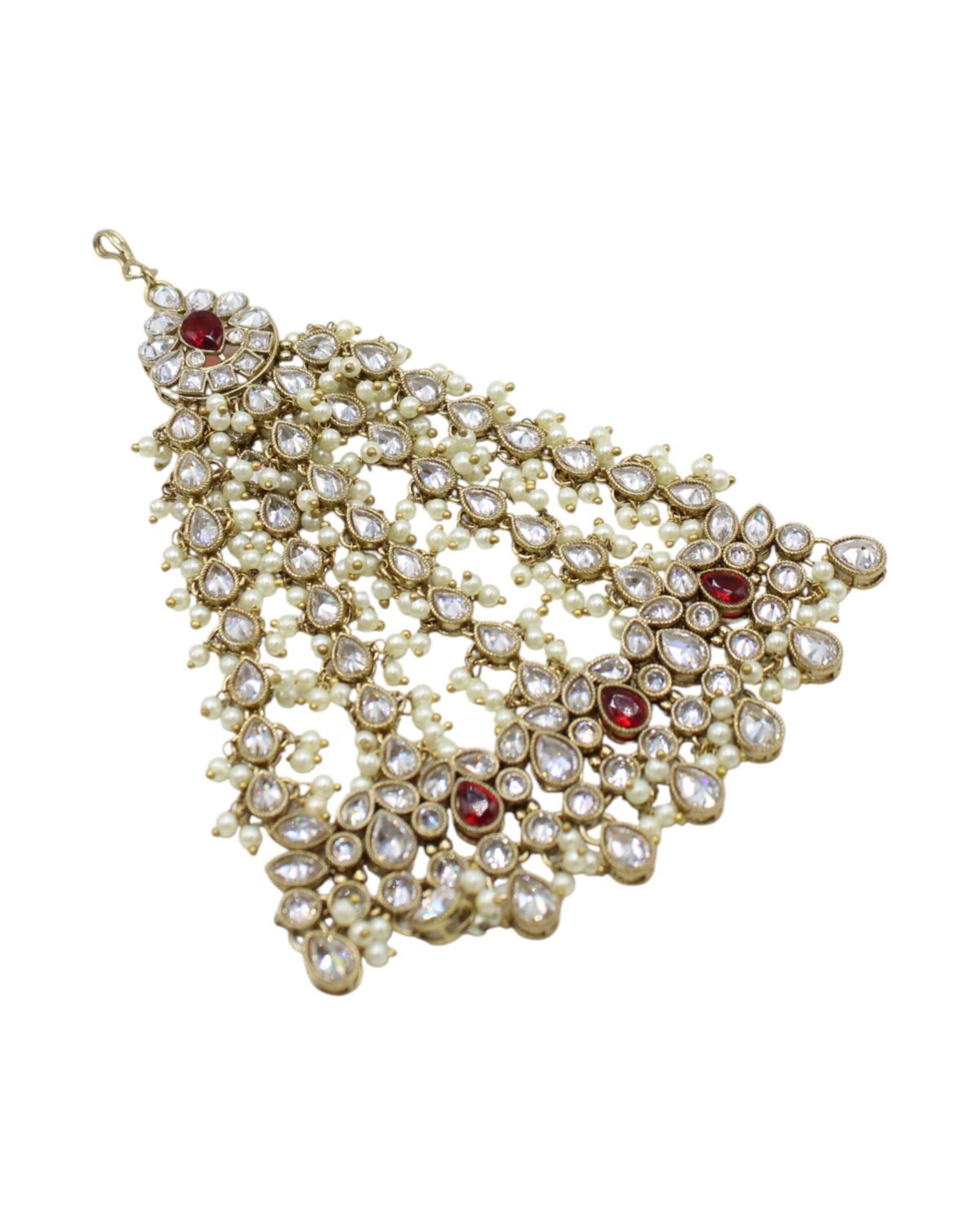 Elegant Gold and Pearl Chandelier Earring with Red Accents