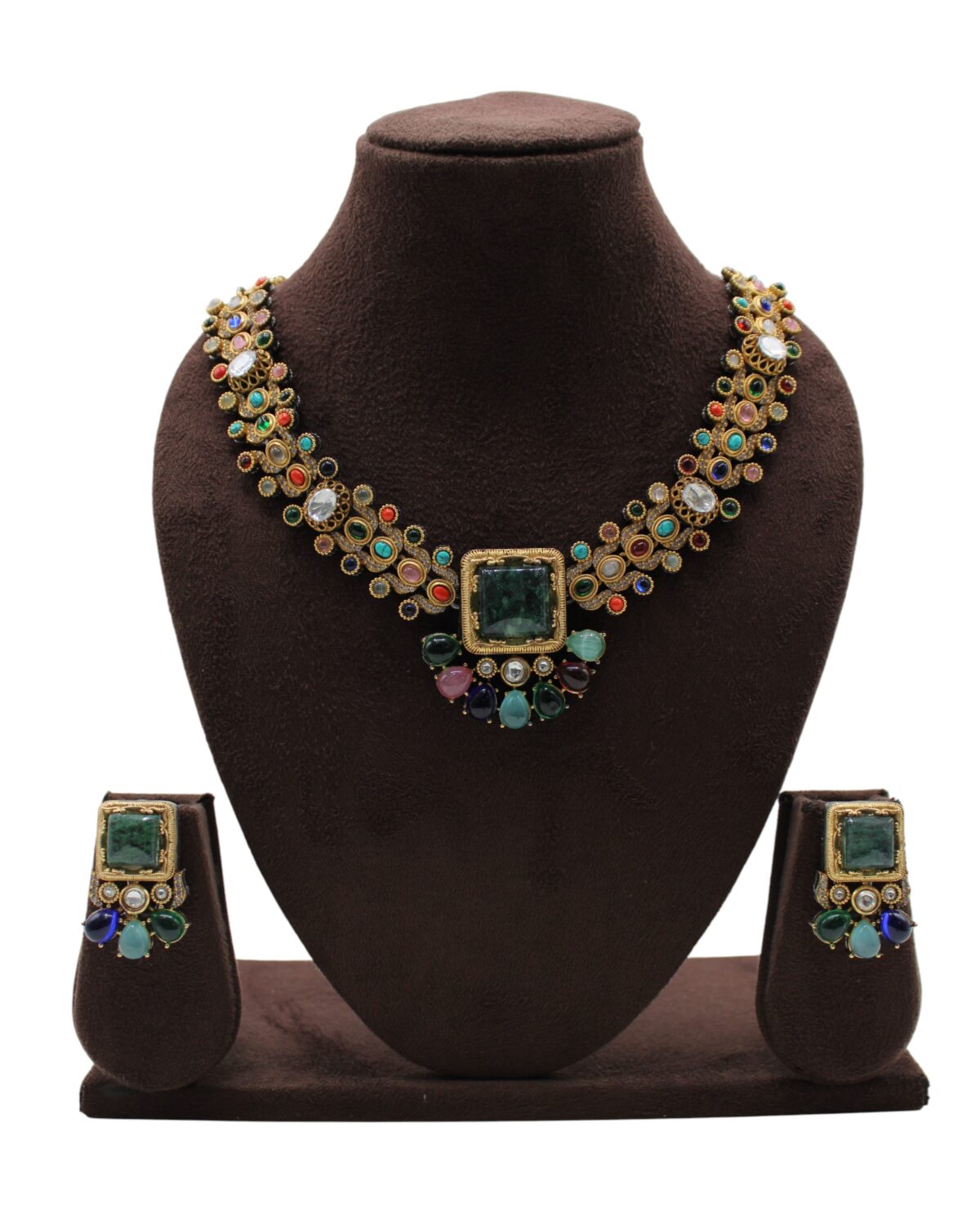 Elegant Multicolored Jewelry Set with Statement Necklace and Earrings