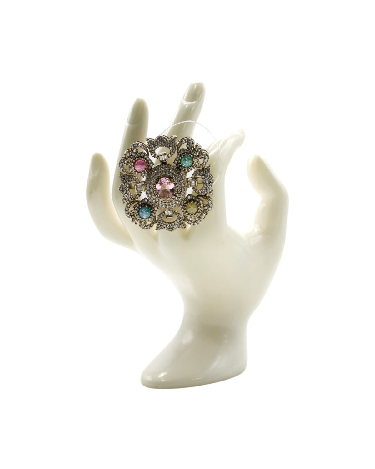 Vintage-Inspired Colorful Brooch Displayed on a Hand Model